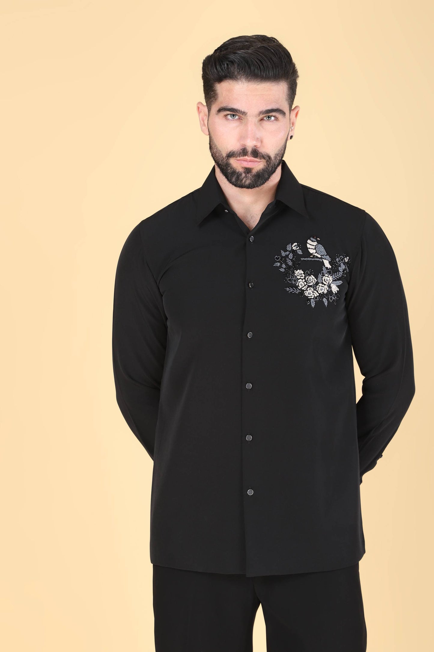 Black Hand Embroidered Shirt for Men