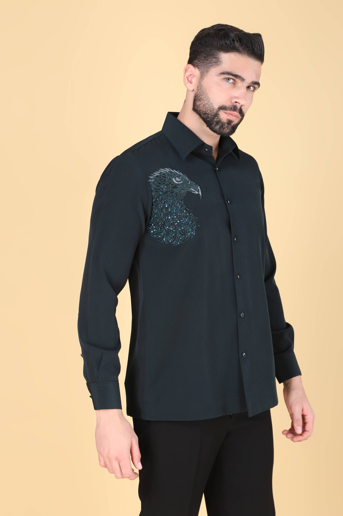 Teal Green Hand Embroidered Shirt for Men