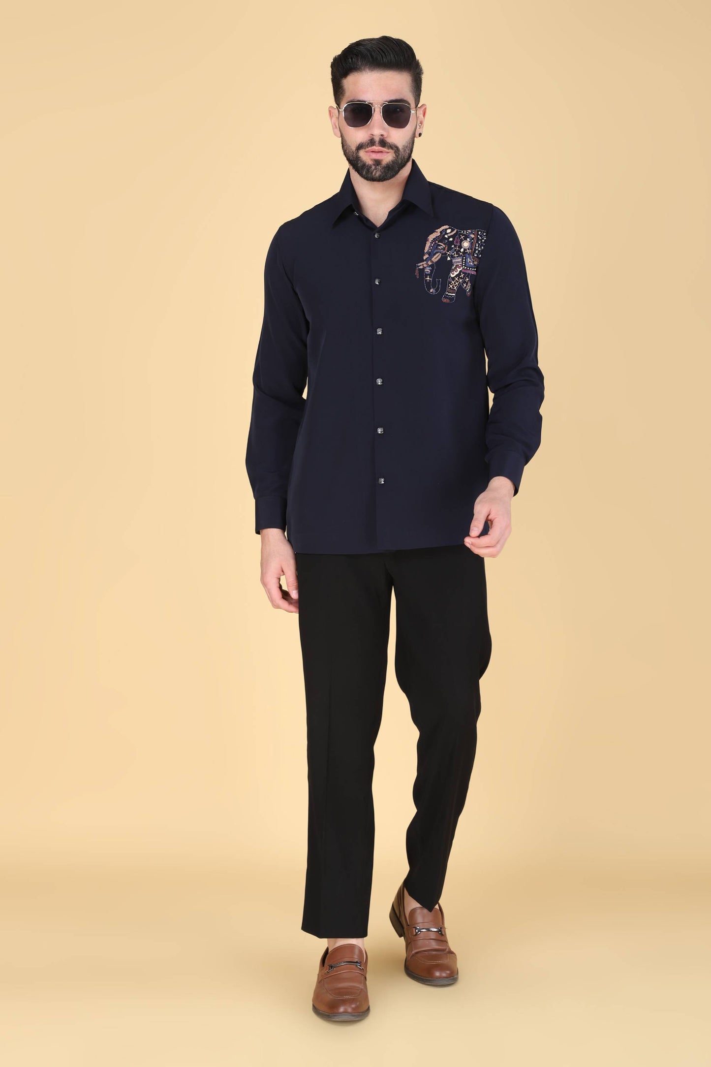 Navy Hand Embroidered Shirt for Men