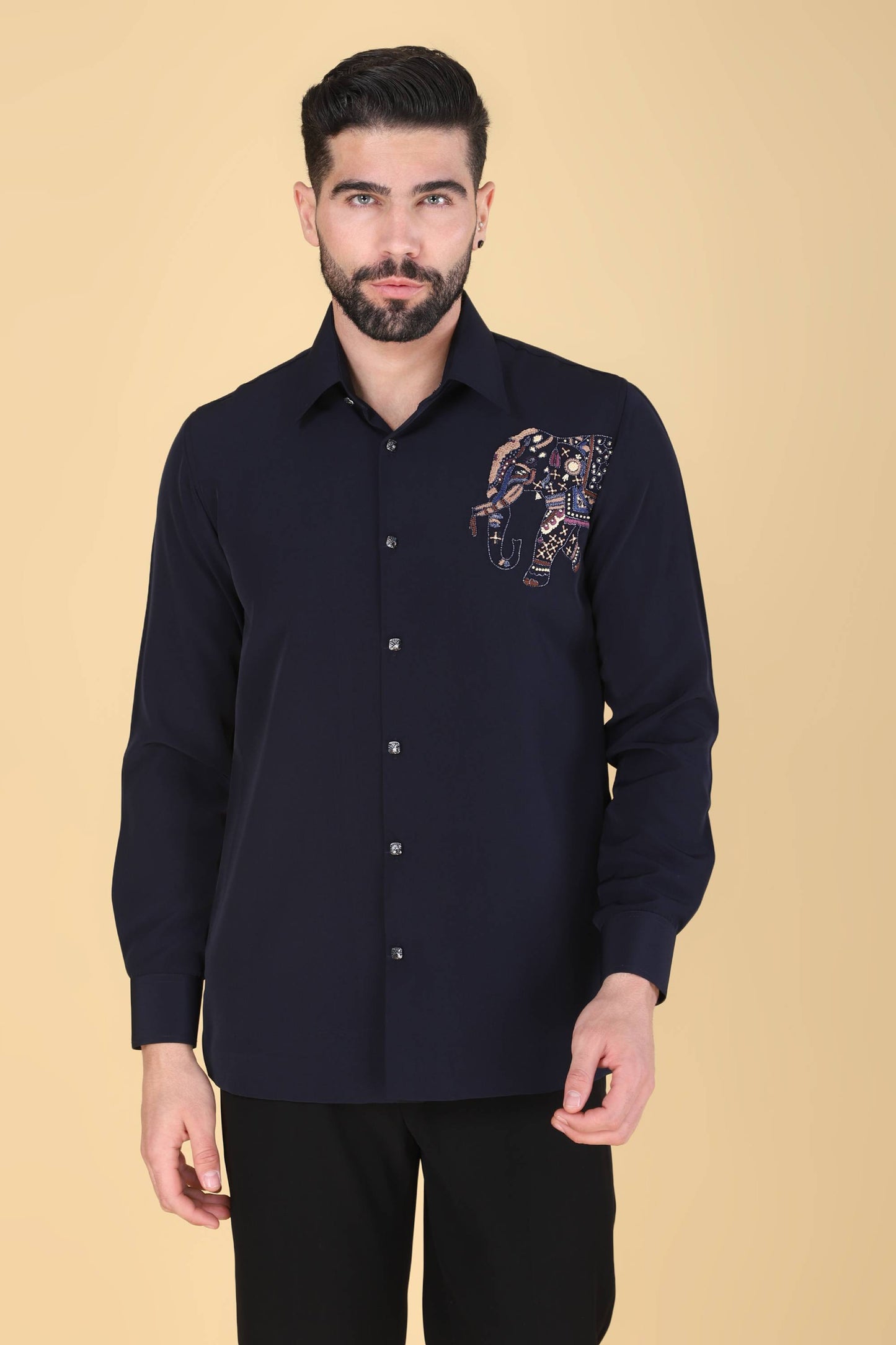 Navy Hand Embroidered Shirt for Men