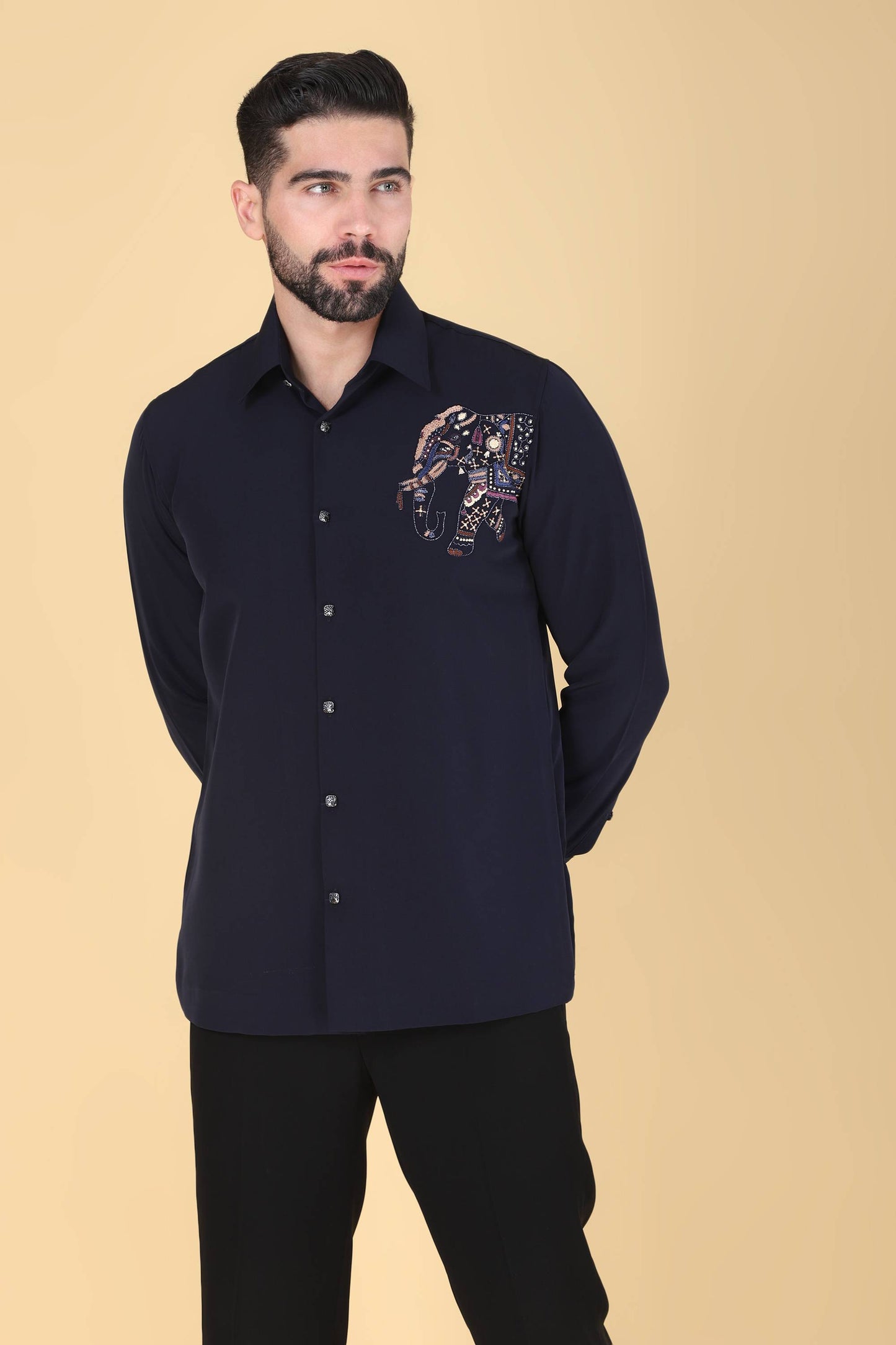 Navy Hand Embroidered Shirt for Men
