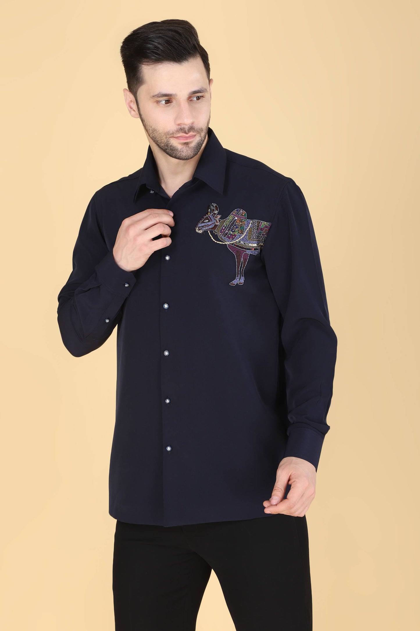 Navy Hand Embroidered Shirt for men