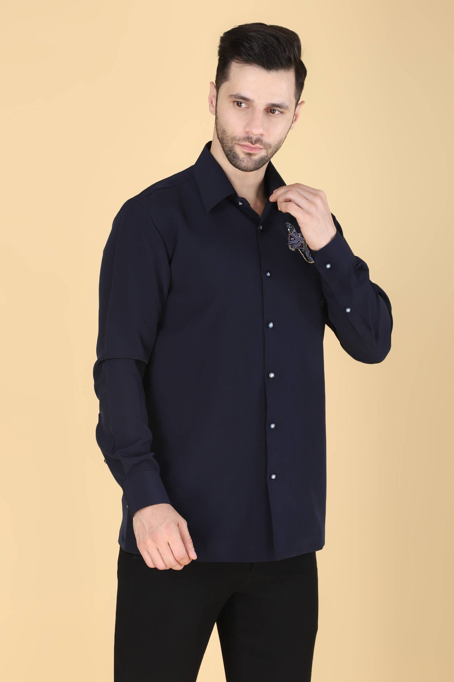Navy Hand Embroidered Shirt for men