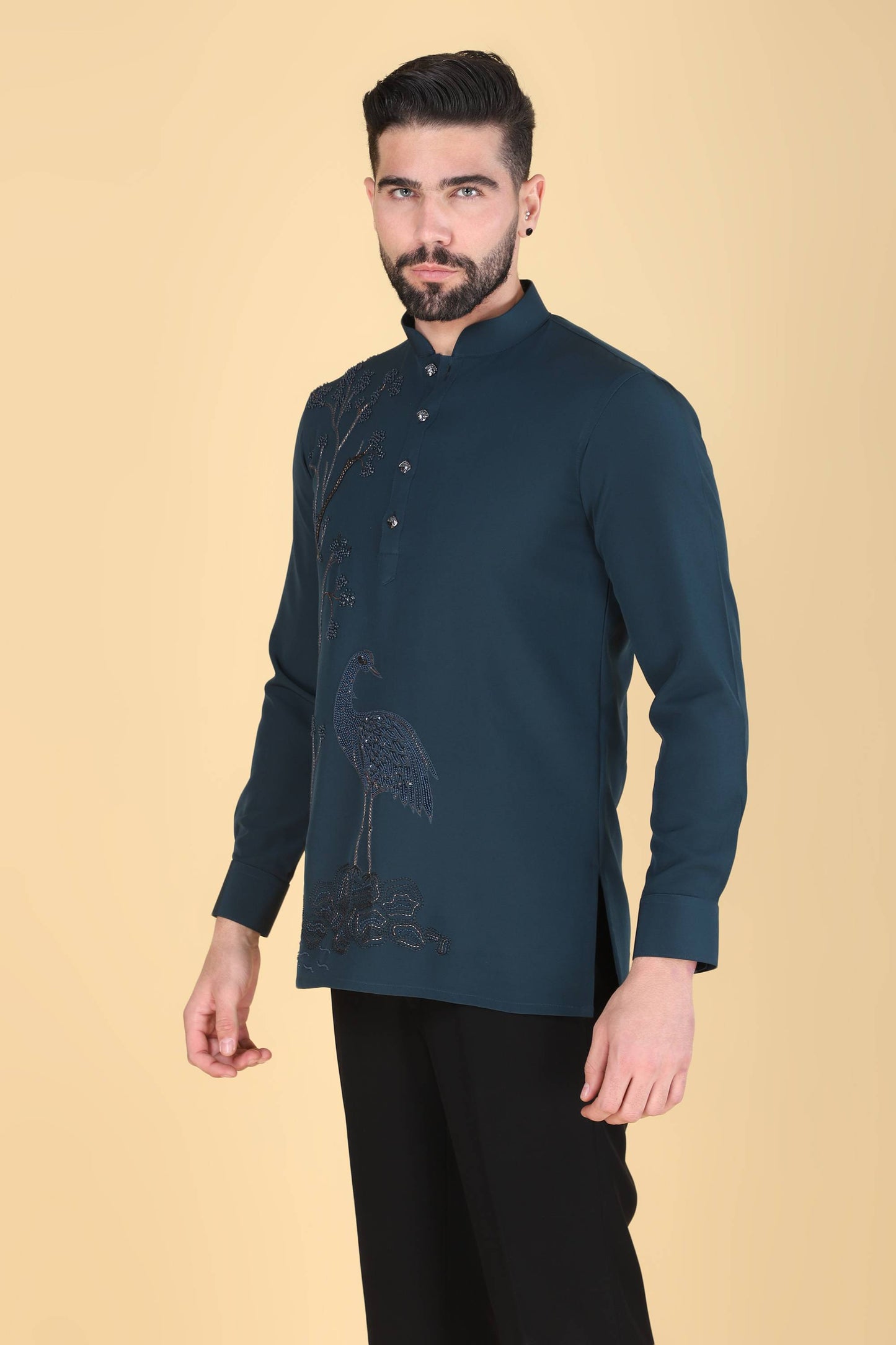 Teal Blue Hand Embroidered Shirt for Men