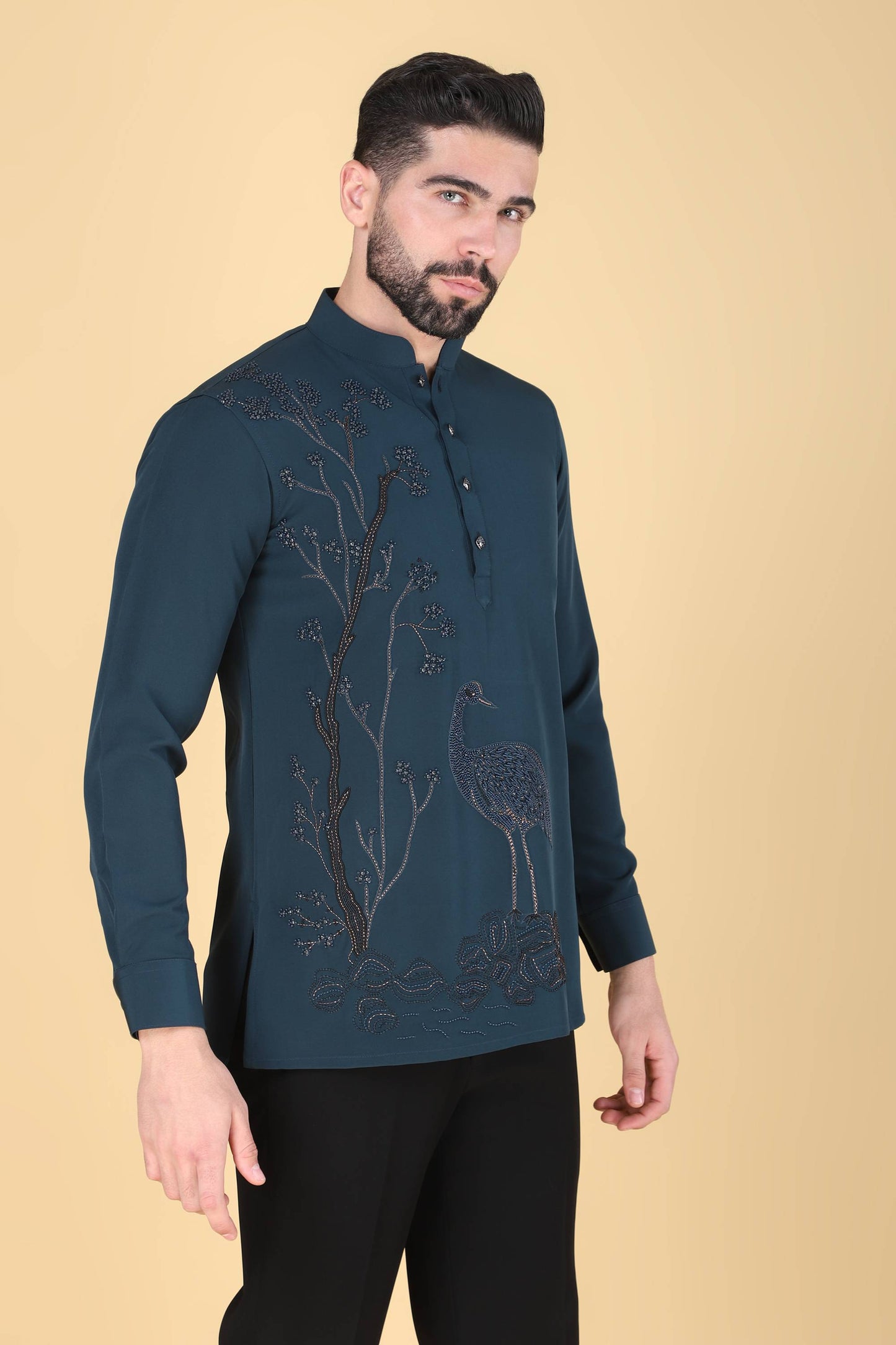 Teal Blue Hand Embroidered Shirt for Men