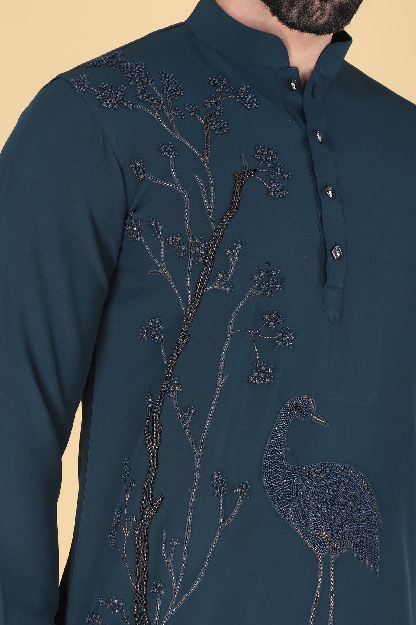 Teal Blue Hand Embroidered Shirt for Men