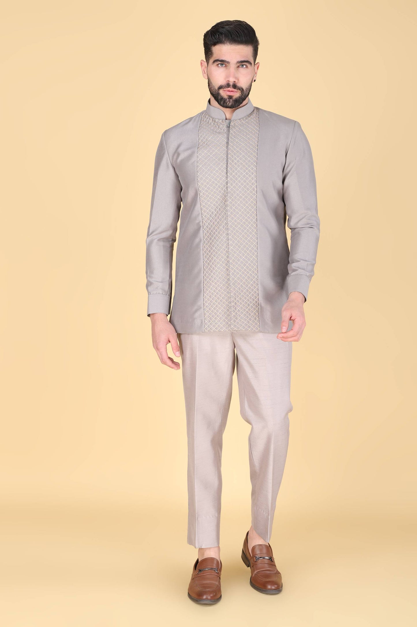 Grey Short Indowestern With Thread And Sequins Embroidery On Silk