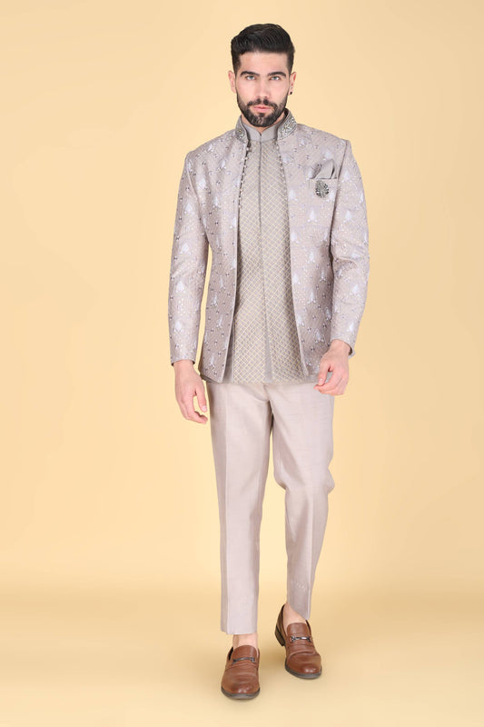 Grey Short Indowestern With Thread And Sequins Embroidery On Silk