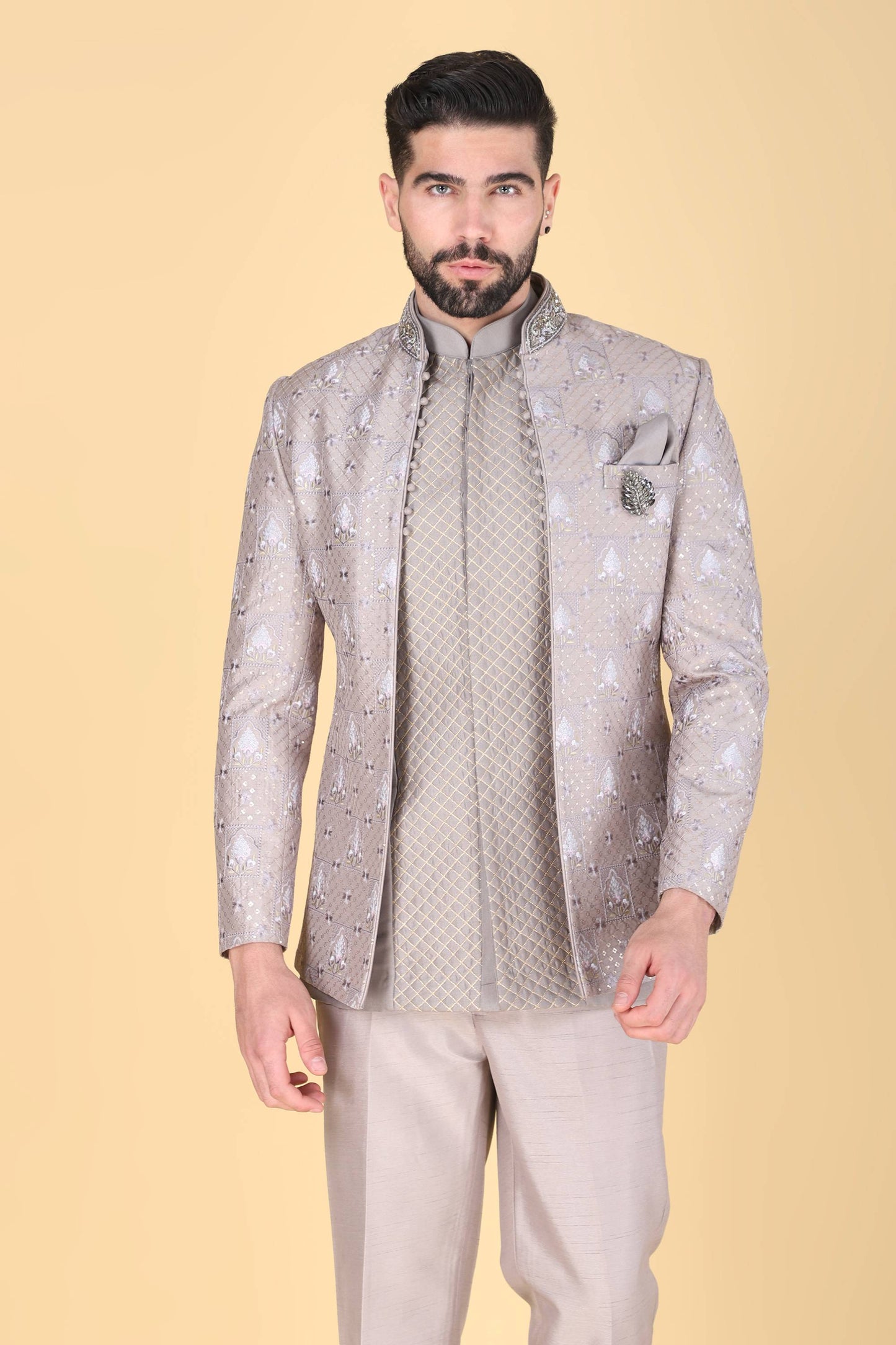 Grey Short Indowestern With Thread And Sequins Embroidery On Silk