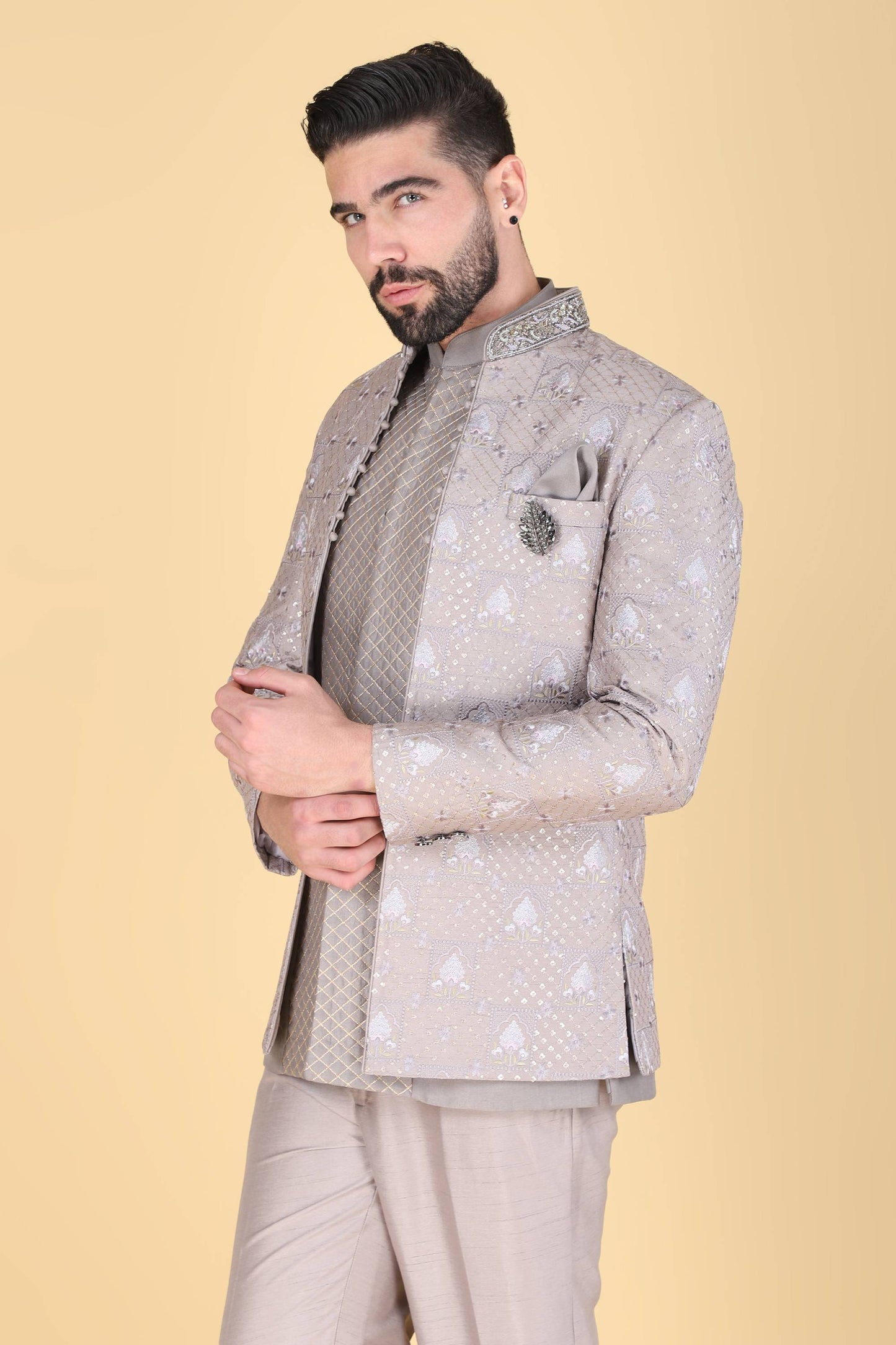 Grey Short Indowestern With Thread And Sequins Embroidery On Silk