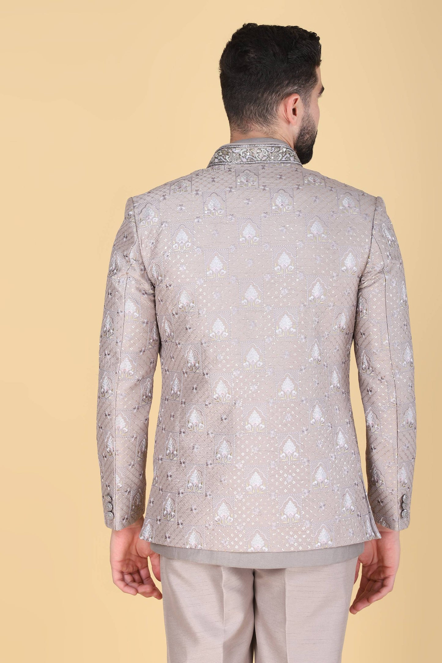 Grey Short Indowestern With Thread And Sequins Embroidery On Silk