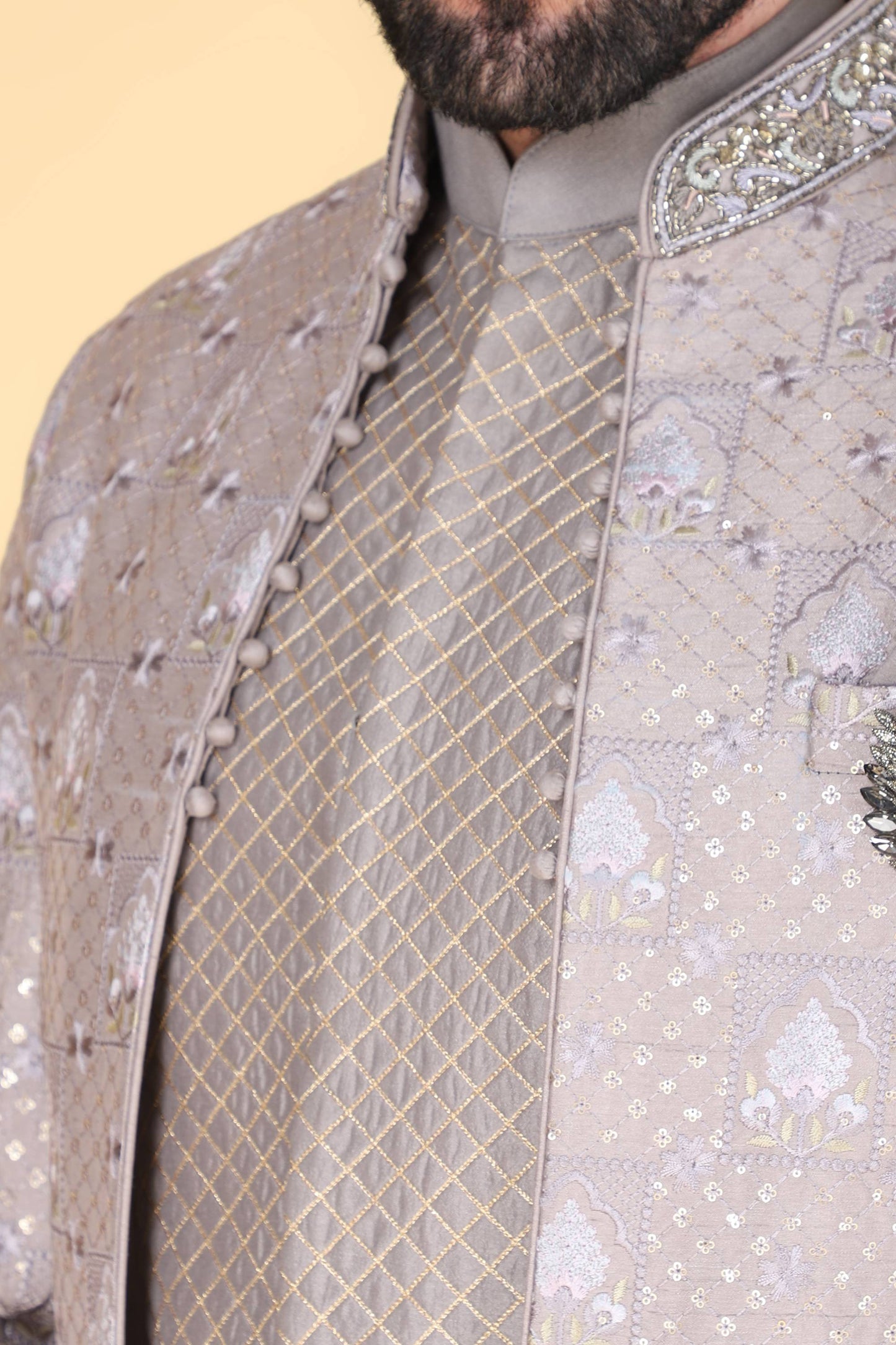 Grey Short Indowestern With Thread And Sequins Embroidery On Silk
