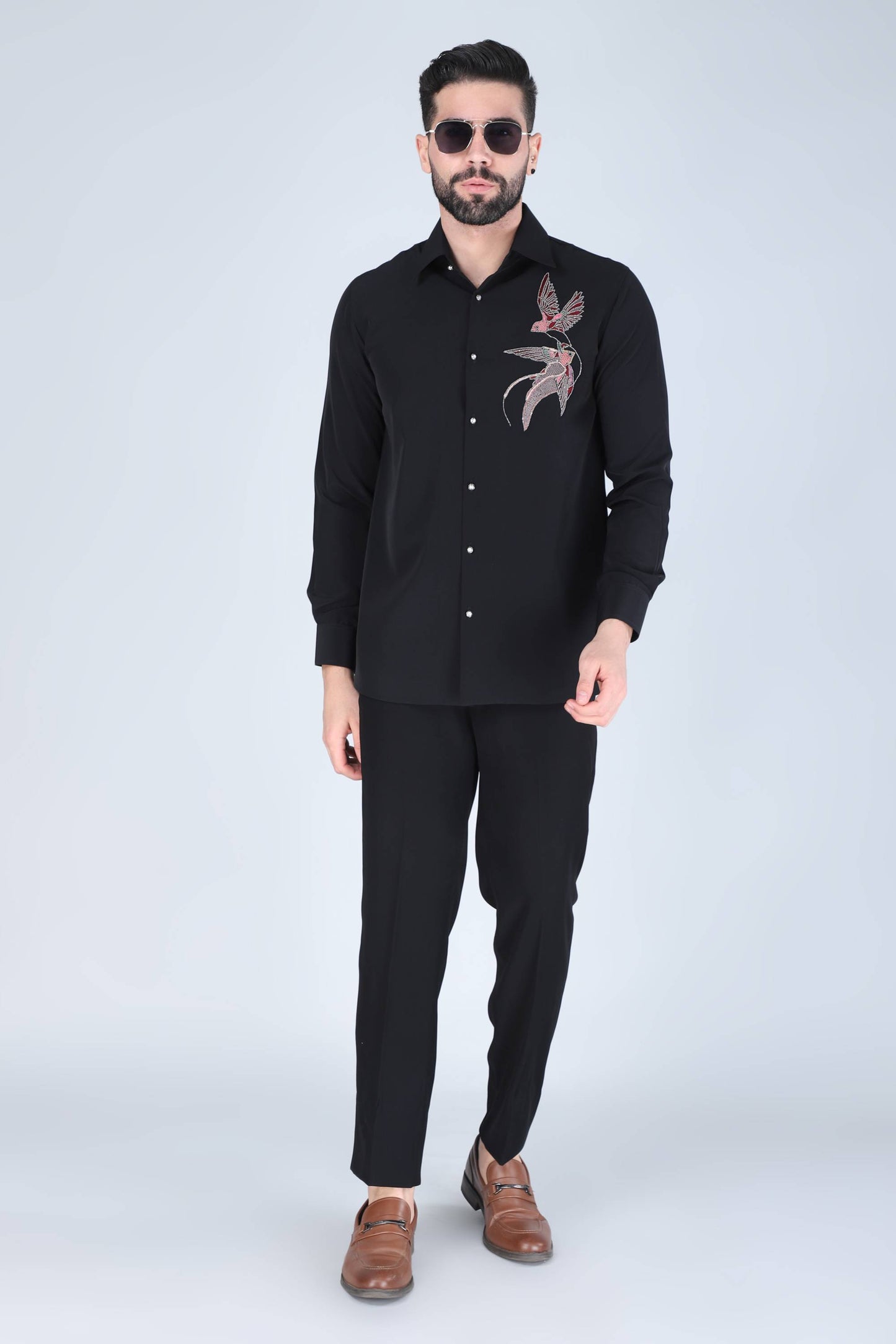 Black Hand Embroidered Shirt for Men