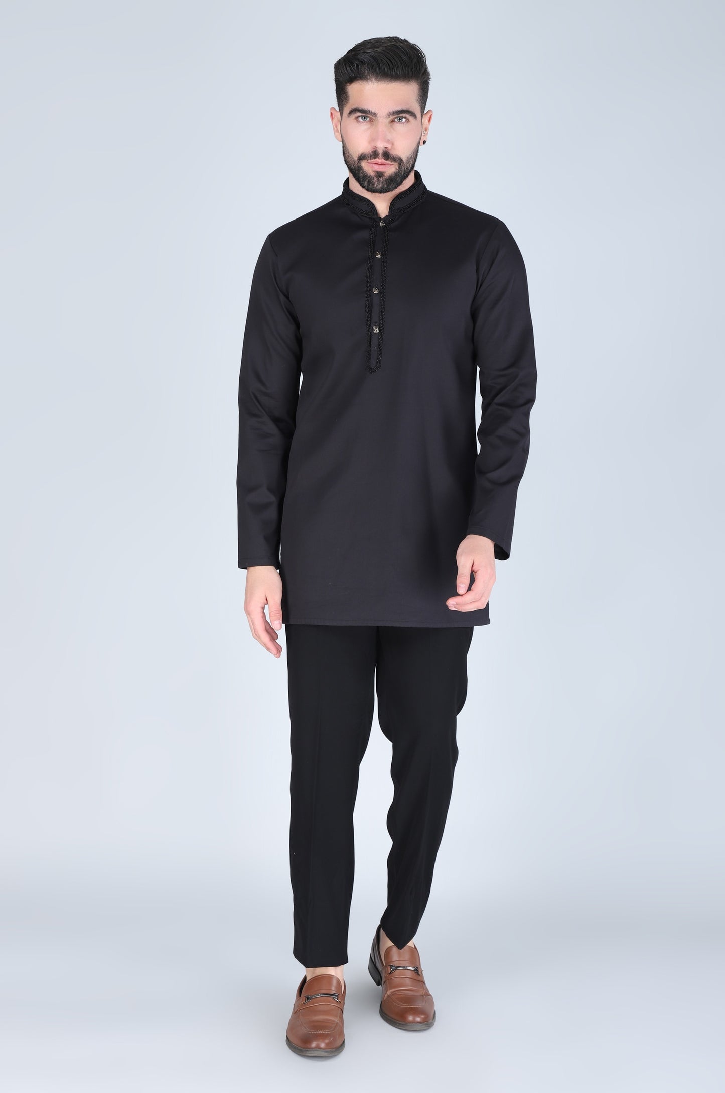 Black Hand Embroidered Open Short Indowestern With Kurta