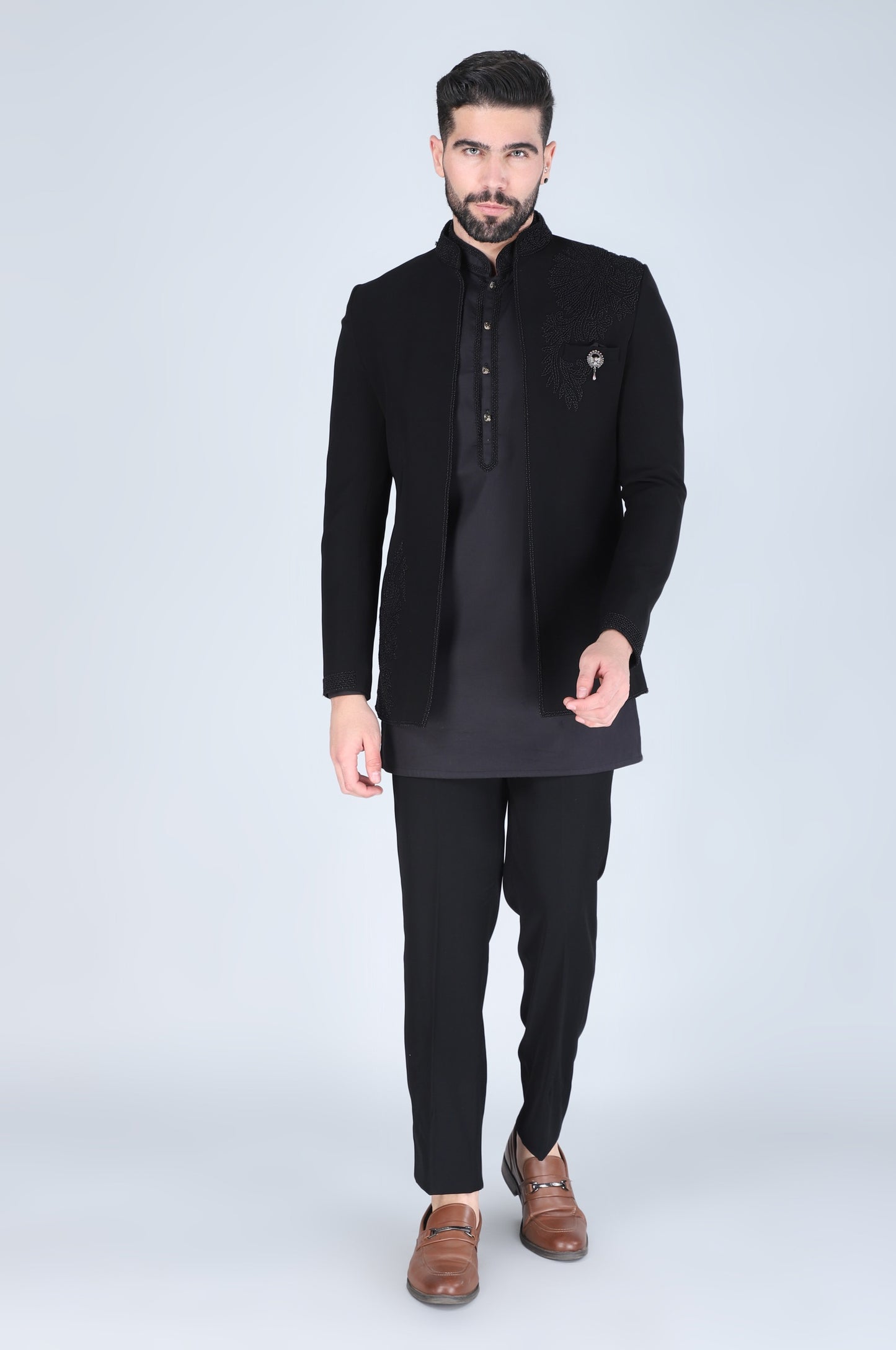 Black Hand Embroidered Open Short Indowestern With Kurta