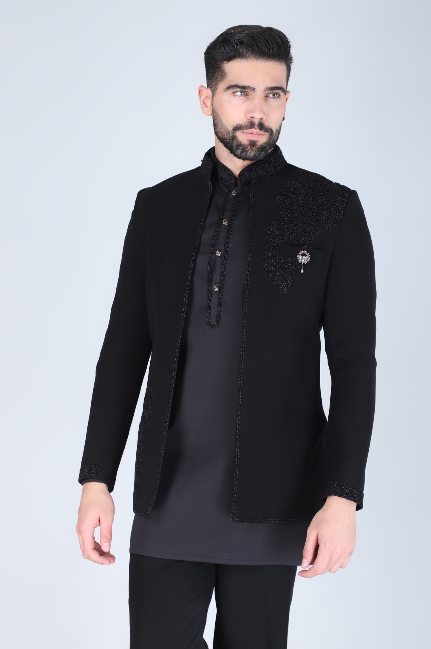 Black Hand Embroidered Open Short Indowestern With Kurta