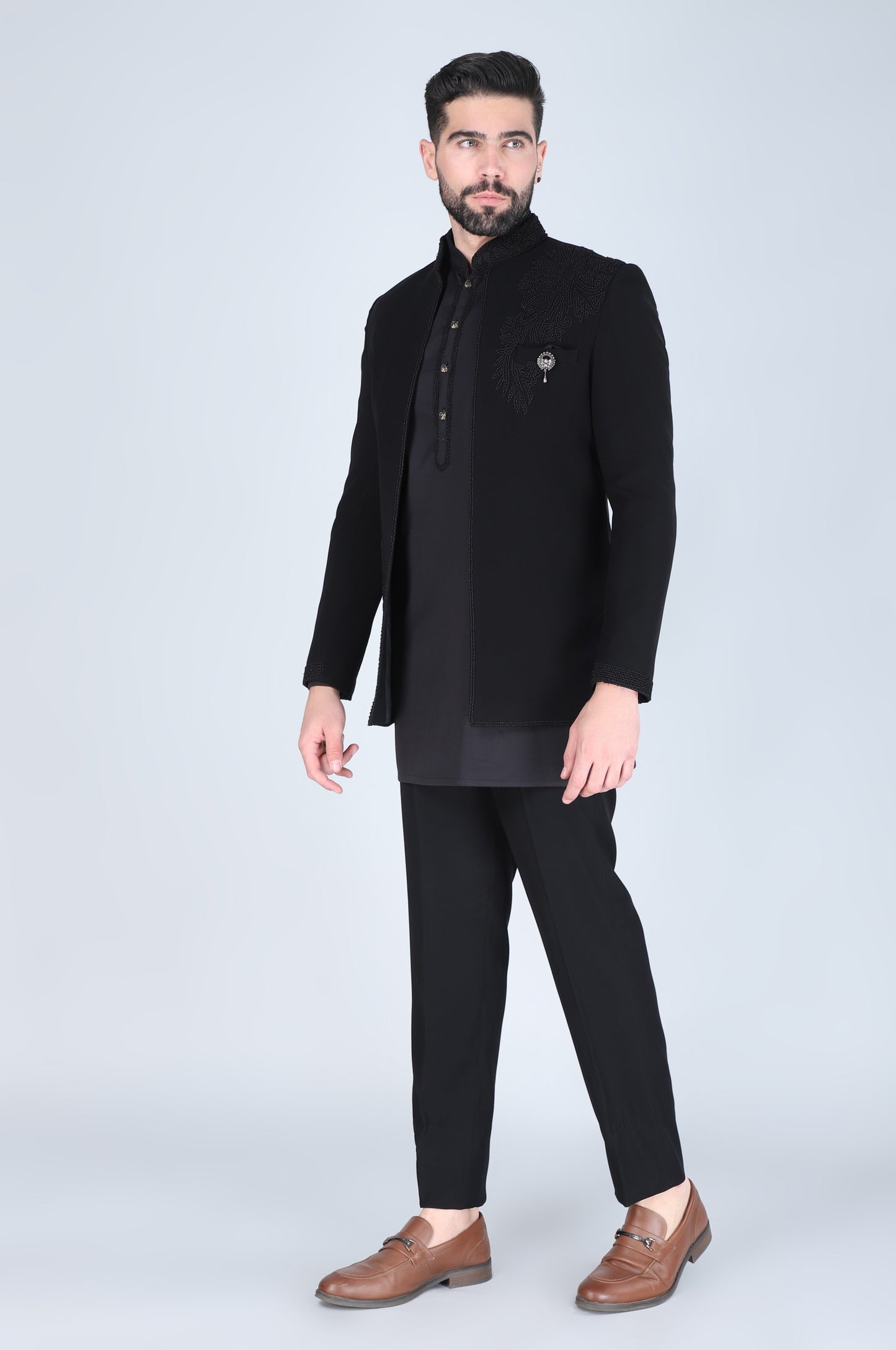 Black Hand Embroidered Open Short Indowestern With Kurta