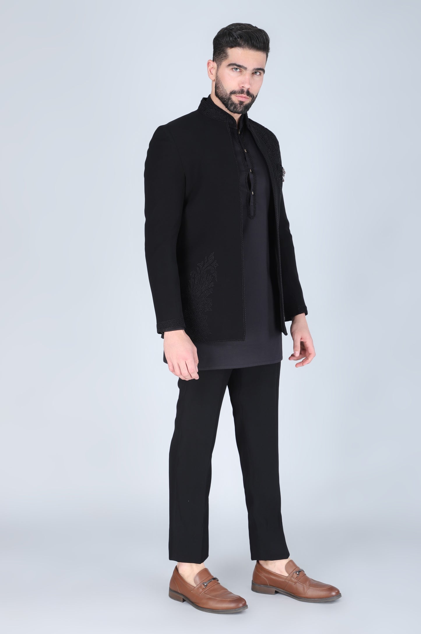 Black Hand Embroidered Open Short Indowestern With Kurta