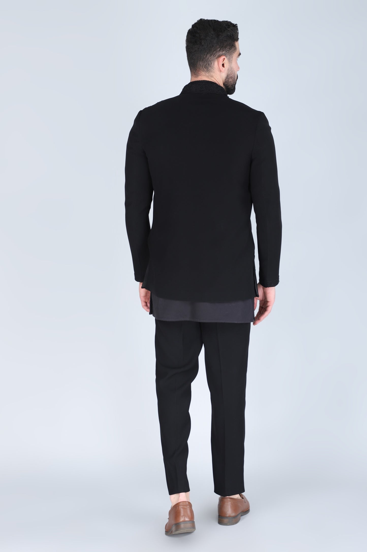 Black Hand Embroidered Open Short Indowestern With Kurta