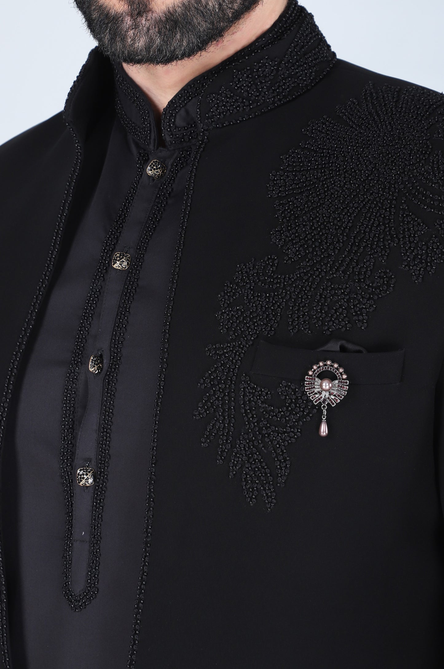 Black Hand Embroidered Open Short Indowestern With Kurta