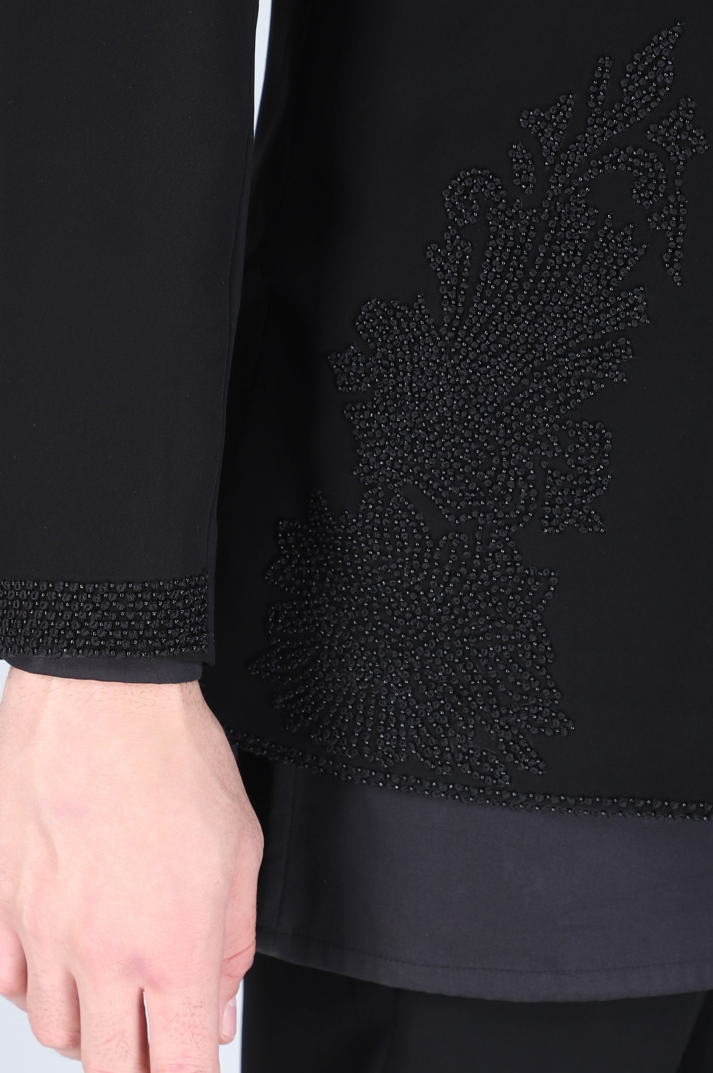 Black Hand Embroidered Open Short Indowestern With Kurta