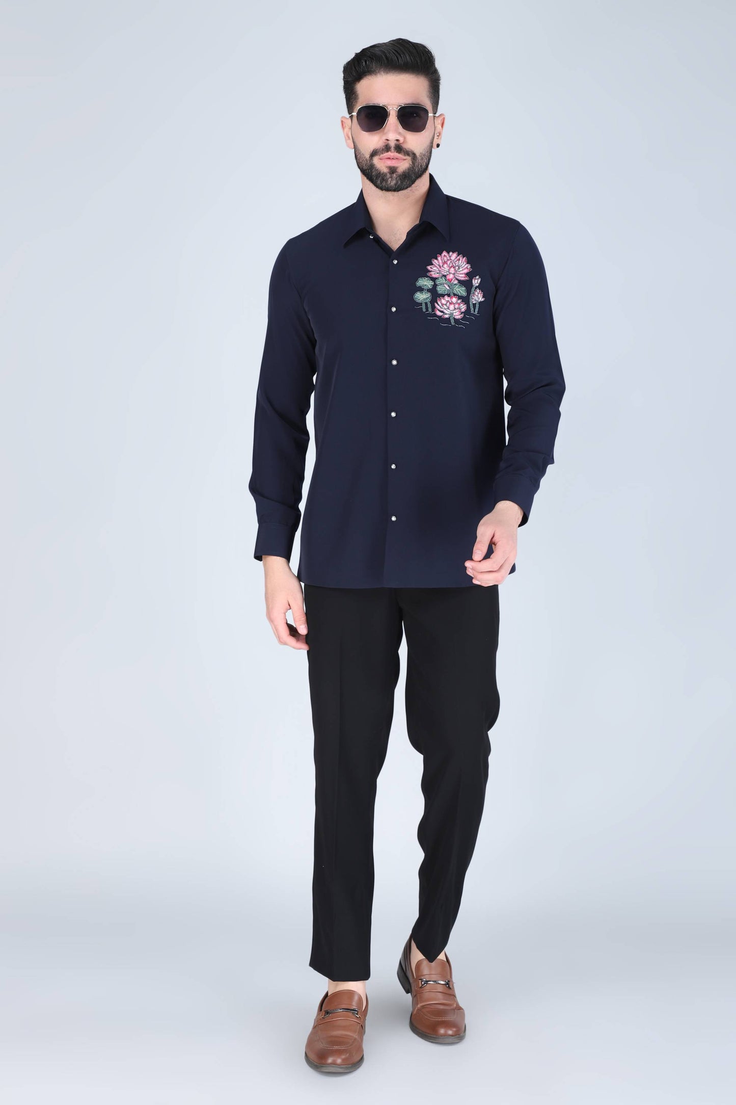 Navy Lotus Motif Hand Embroidered Shirt for Men
