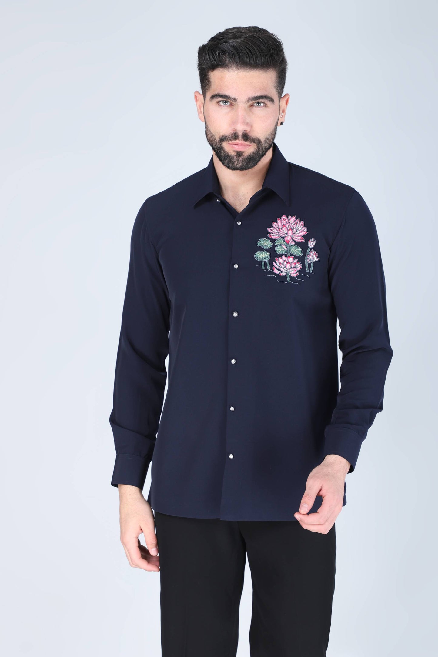 Navy Lotus Motif Hand Embroidered Shirt for Men