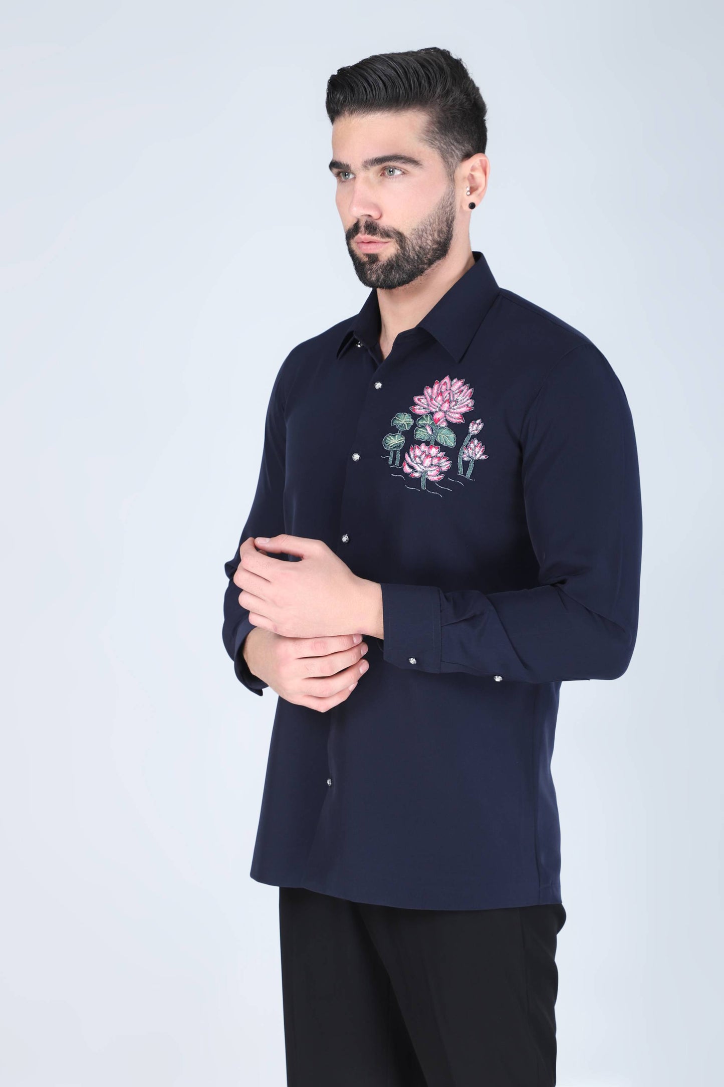 Navy Lotus Motif Hand Embroidered Shirt for Men