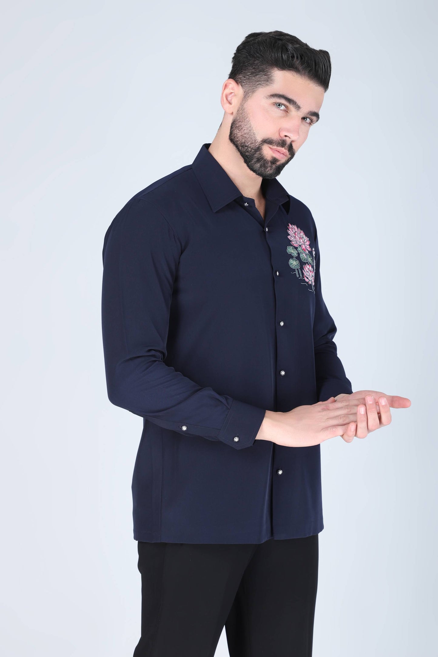 Navy Lotus Motif Hand Embroidered Shirt for Men