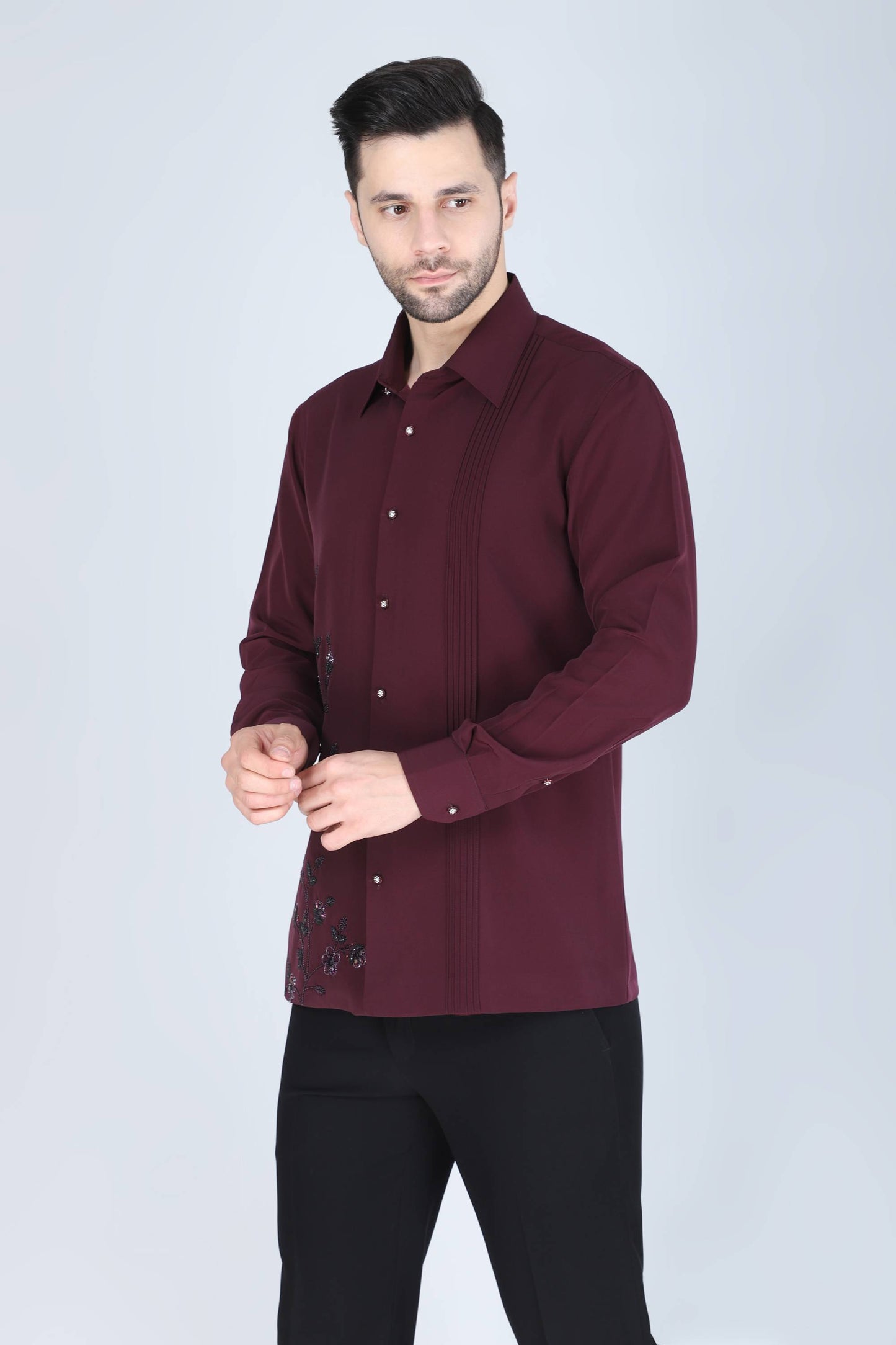 Wine Hand Embroidered Shirt for Men