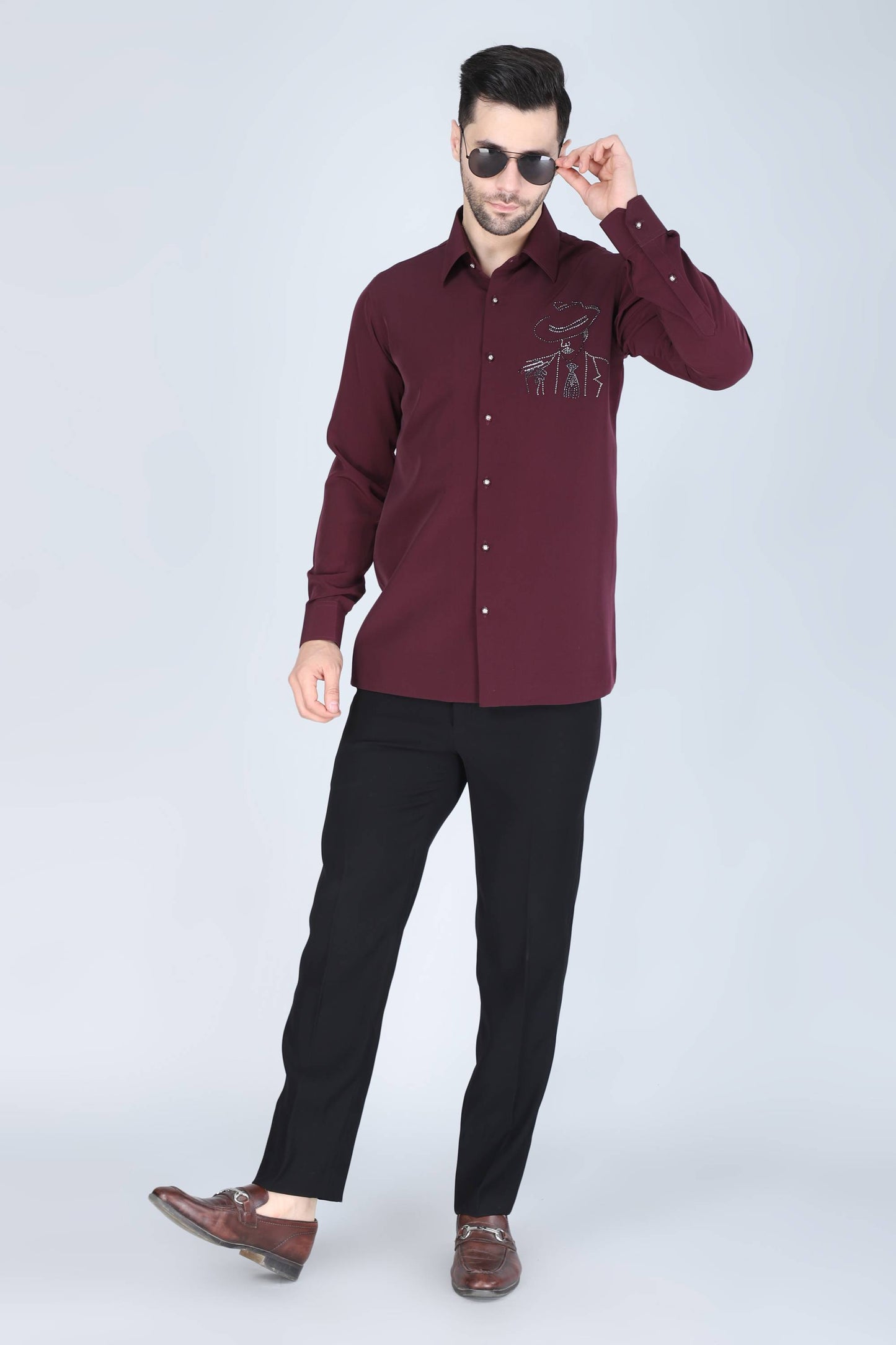 Wine Hand Embroidered Shirt for Men