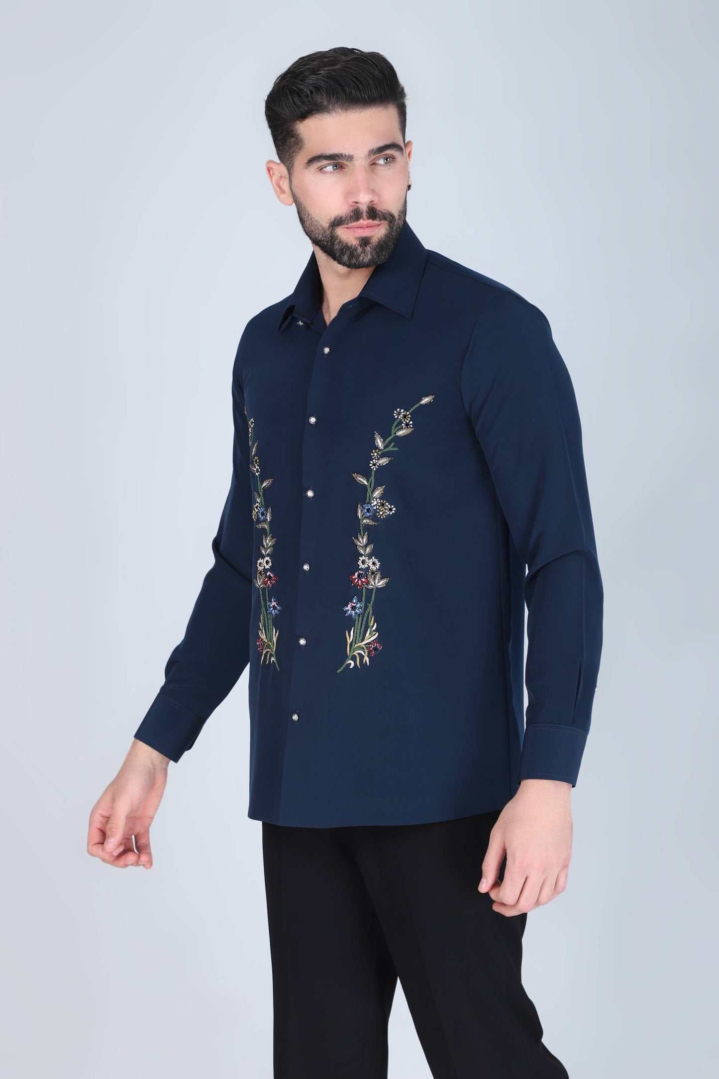 Navy Blue Hand Embroidered Shirt for Men