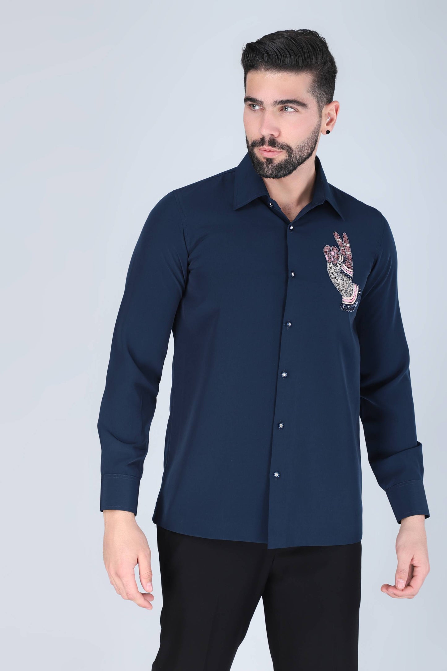 Navy Blue Hand Embroidered Shirt for Men