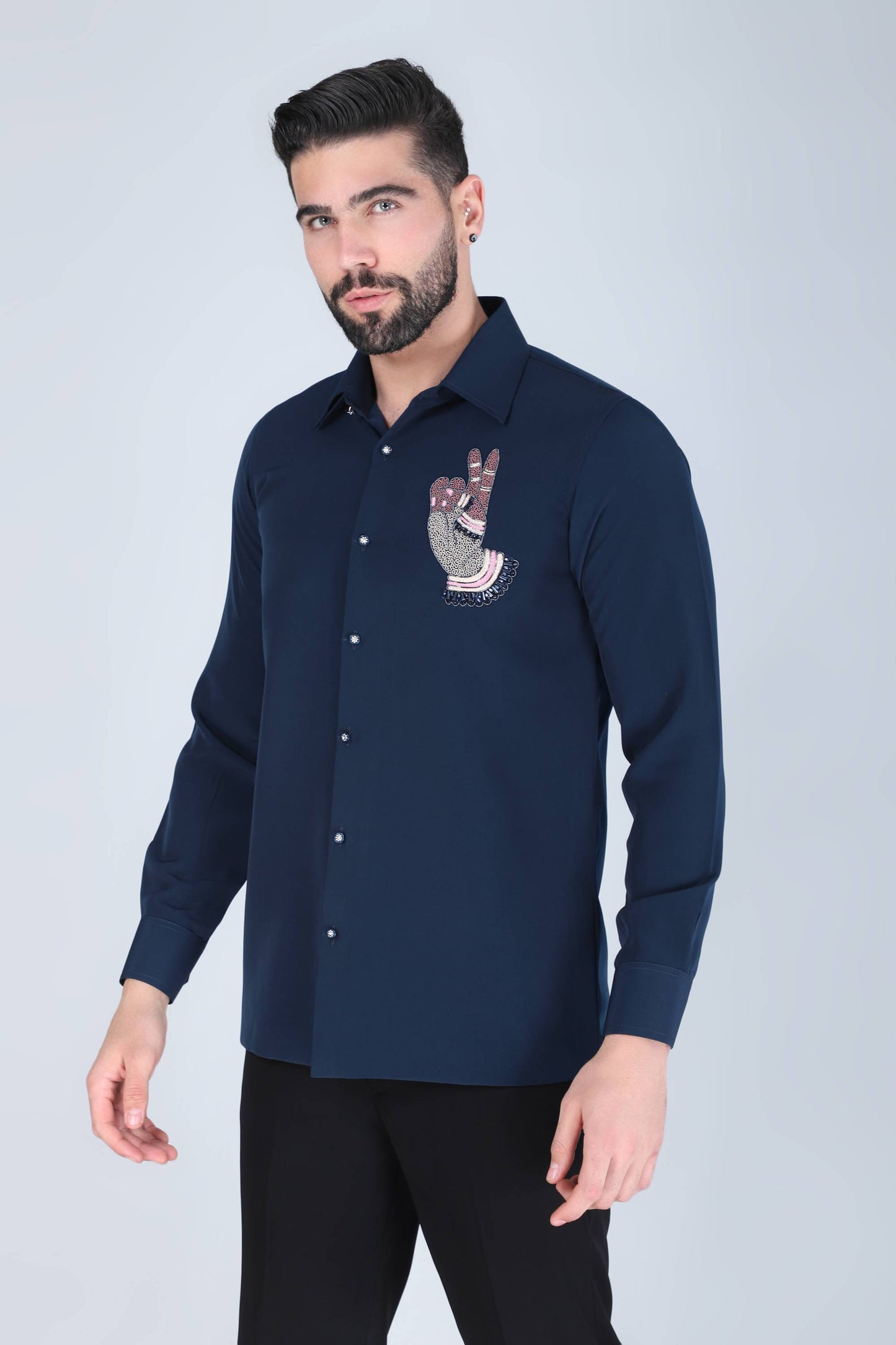 Navy Blue Hand Embroidered Shirt for Men
