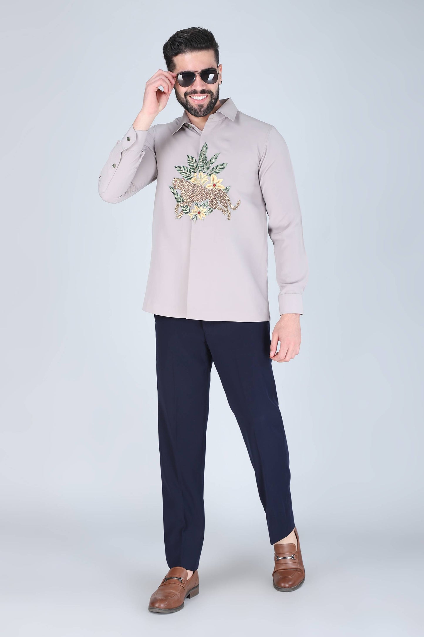 Light Grey Hand embroidered Shirt for Men