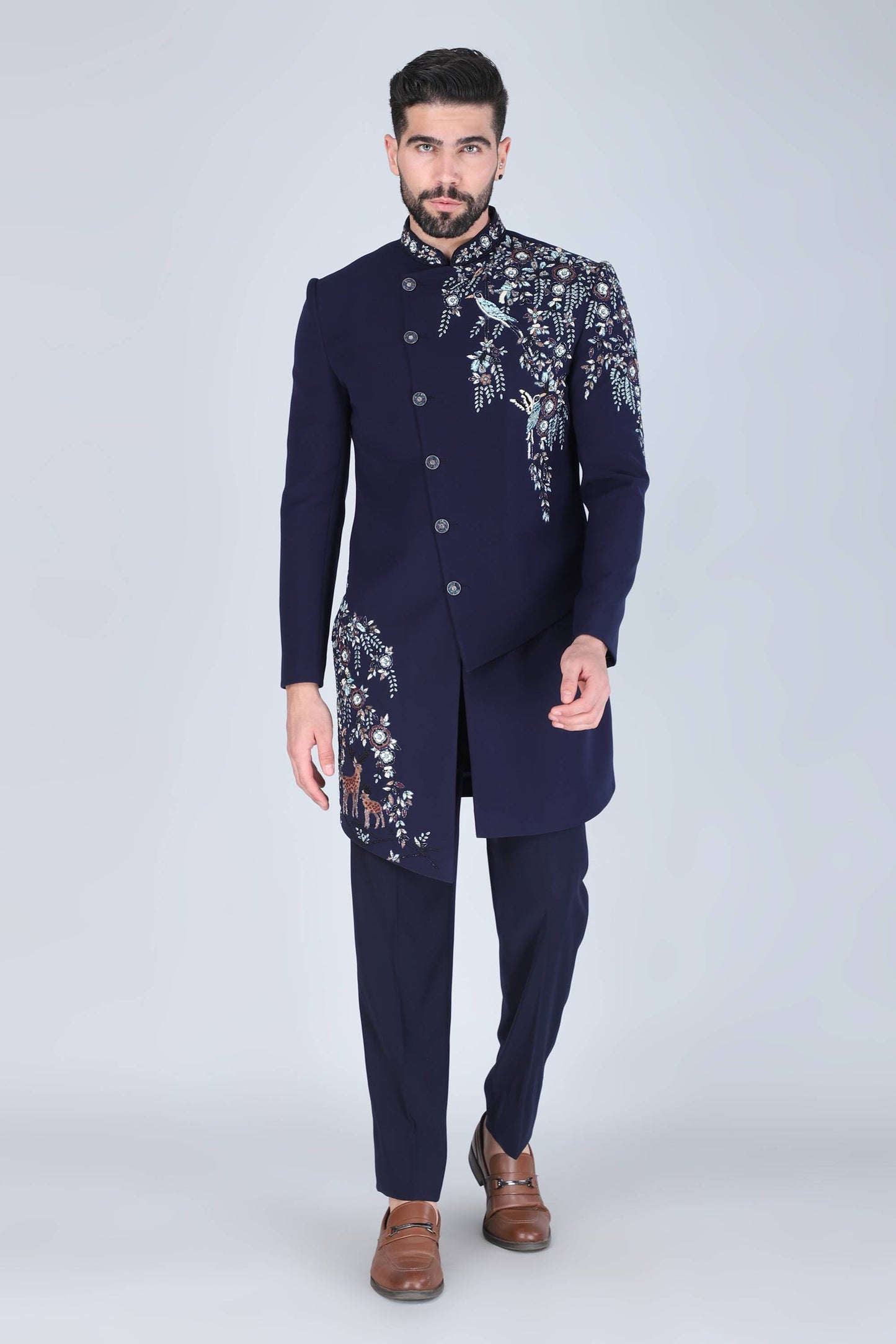 Navy Blue Hand Embroidered Designer Indowesern On Suiting Fabric