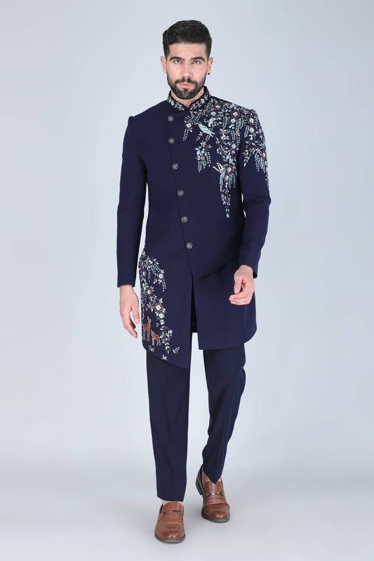 Navy Blue Hand Embroidered Designer Indowesern On Suiting Fabric