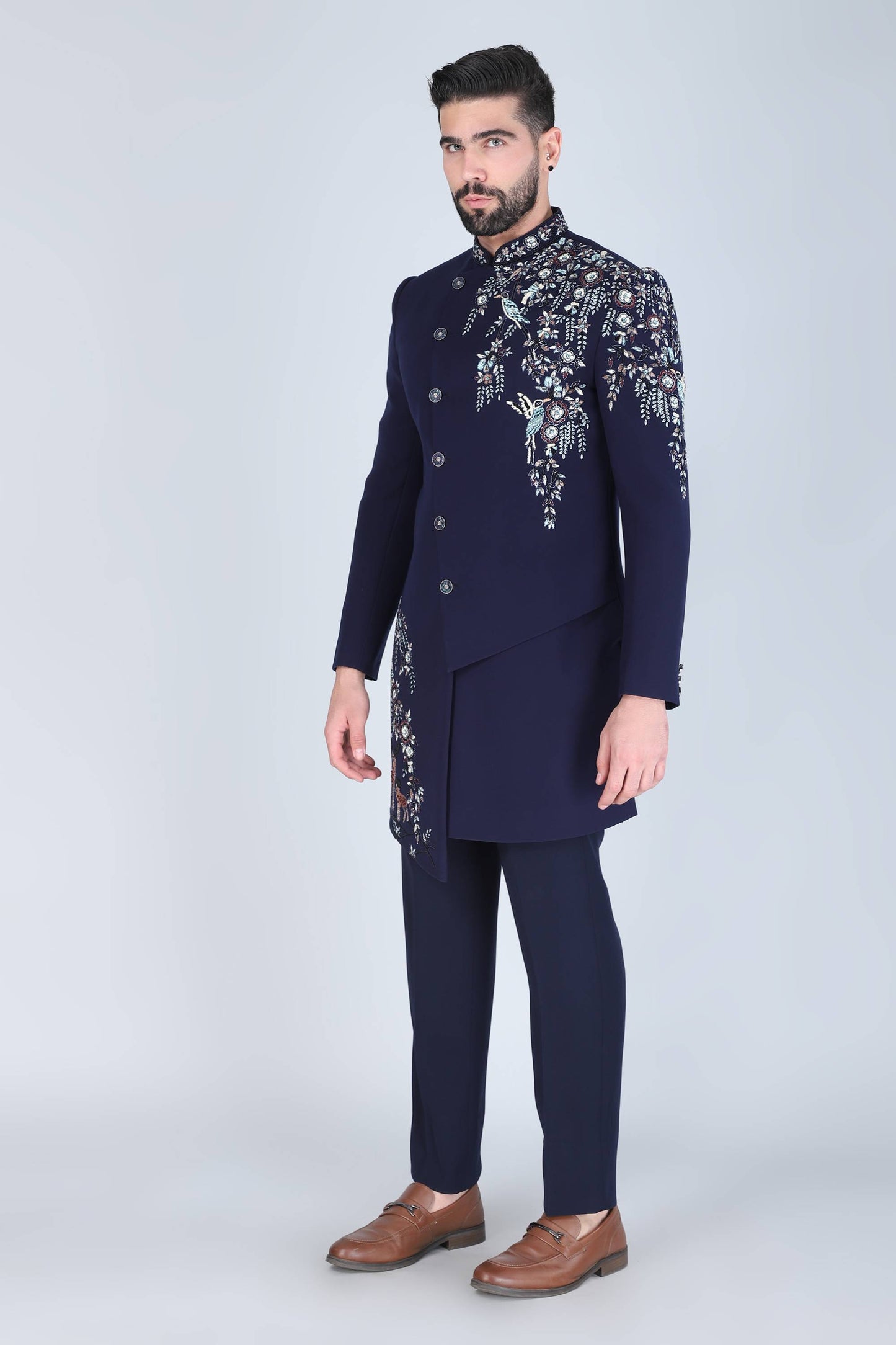Navy Blue Hand Embroidered Designer Indowesern On Suiting Fabric