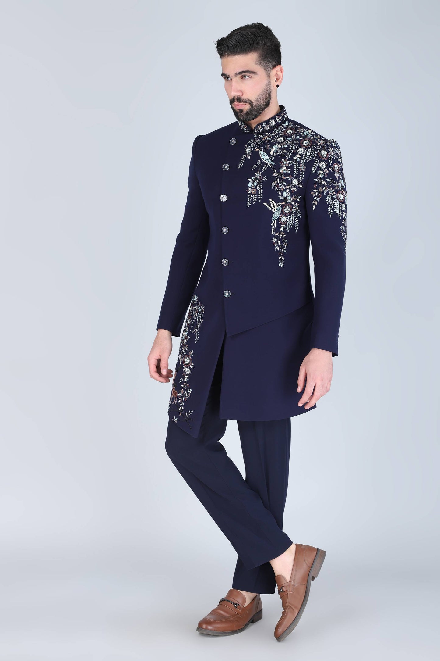Navy Blue Hand Embroidered Designer Indowesern On Suiting Fabric