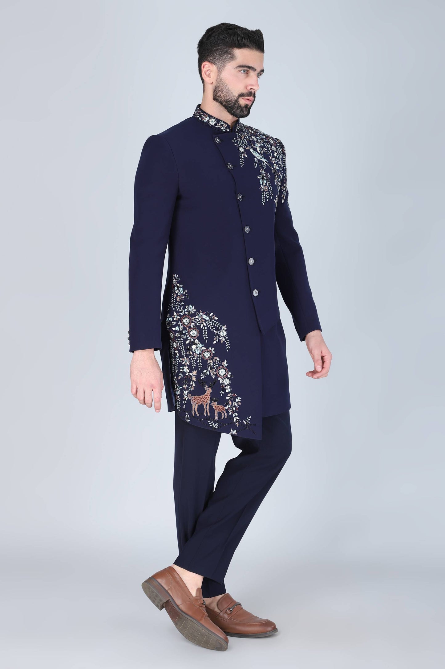 Navy Blue Hand Embroidered Designer Indowesern On Suiting Fabric