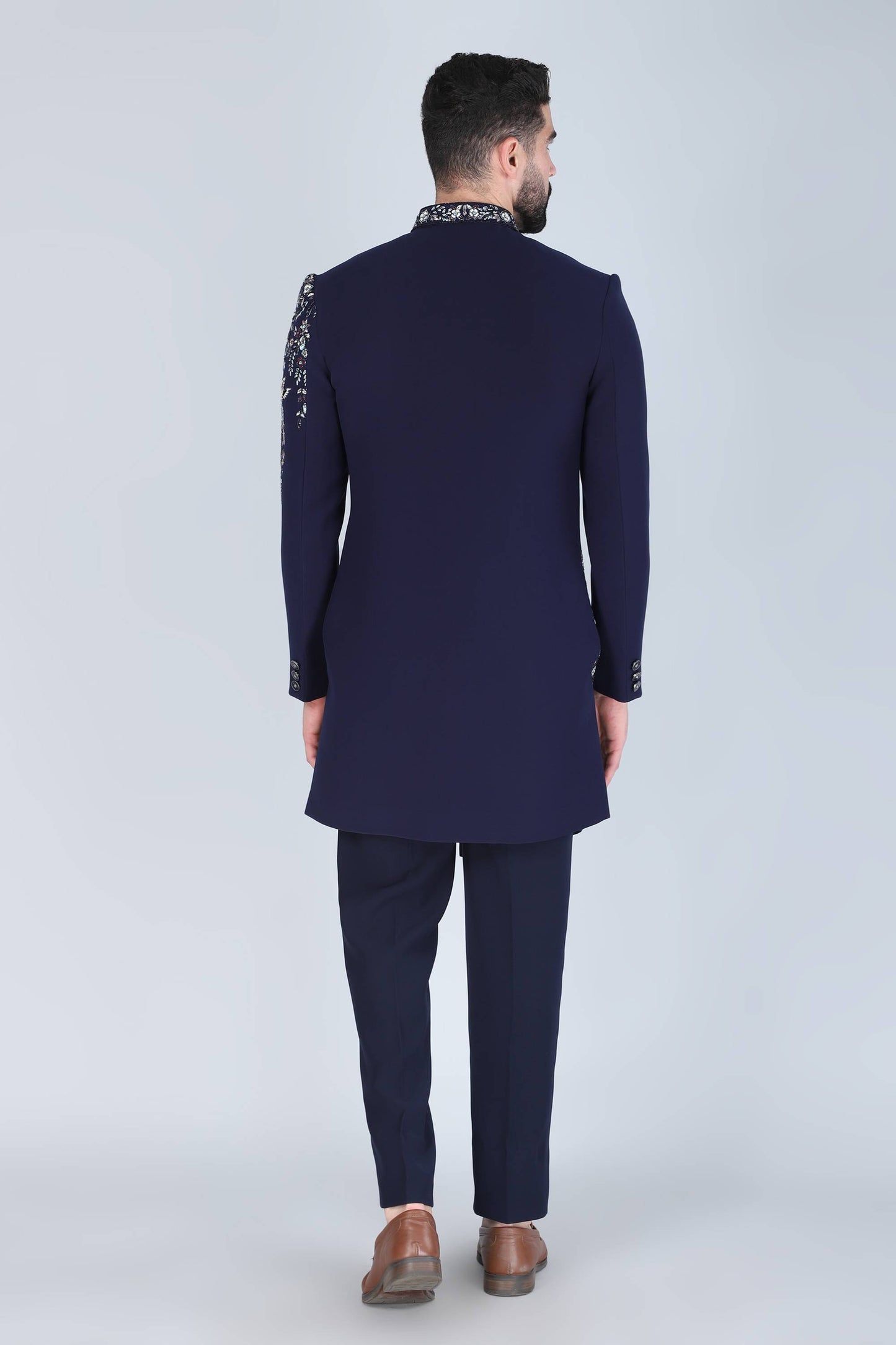 Navy Blue Hand Embroidered Designer Indowesern On Suiting Fabric