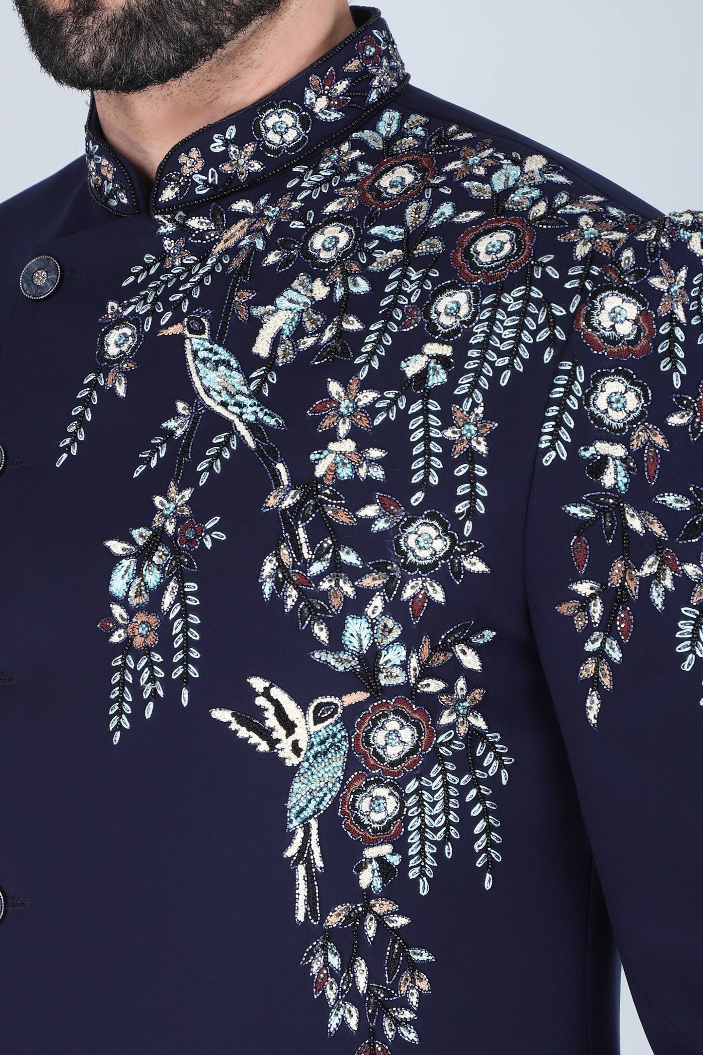 Navy Blue Hand Embroidered Designer Indowesern On Suiting Fabric