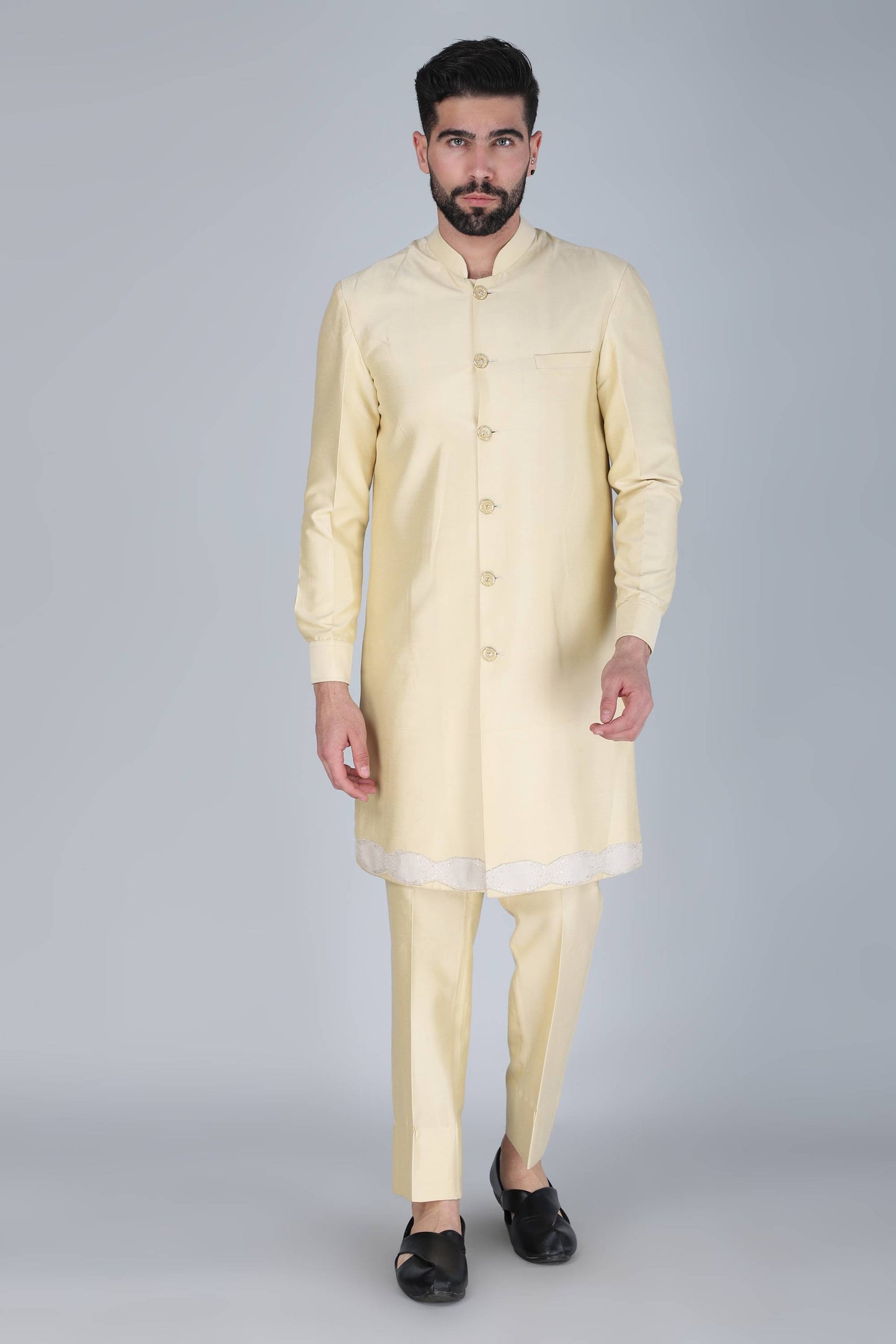 Pale Yellow Thread And Sequins Embroidered Indowestern Set