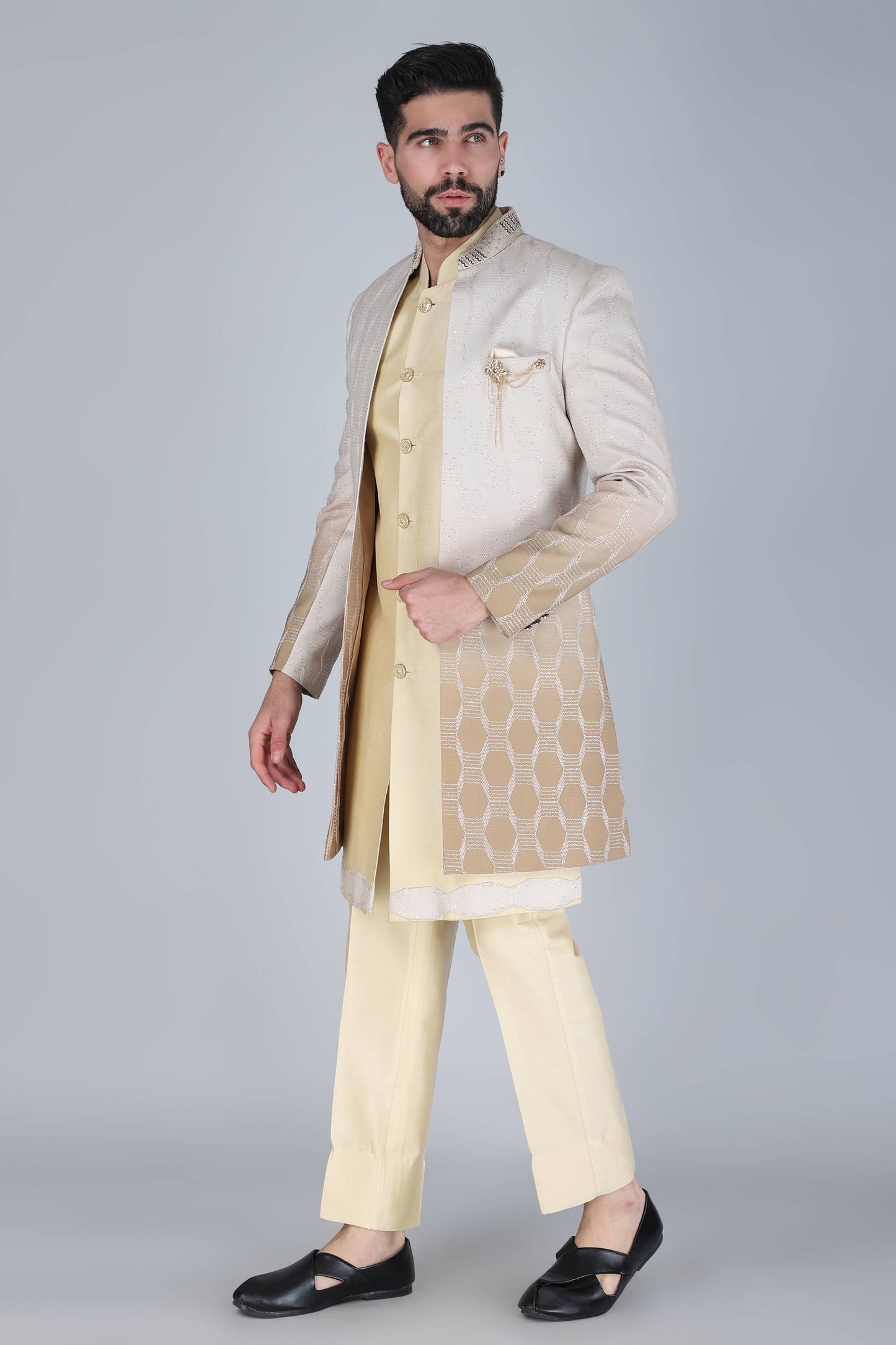 Pale Yellow Thread And Sequins Embroidered Indowestern Set