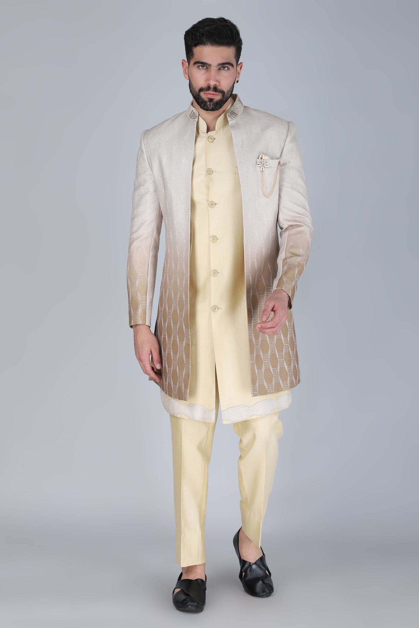 Pale Yellow Thread And Sequins Embroidered Indowestern Set