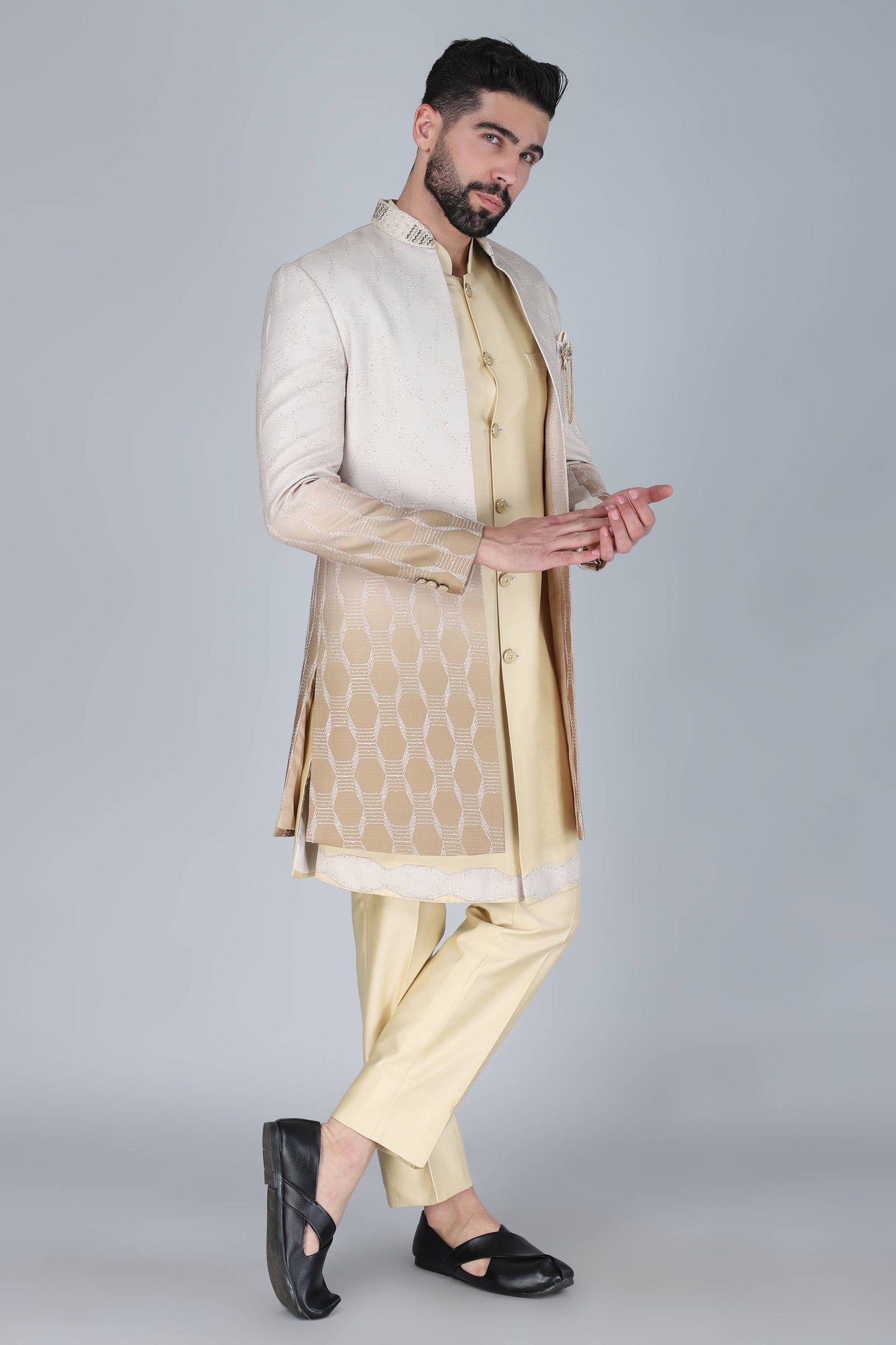 Pale Yellow Thread And Sequins Embroidered Indowestern Set