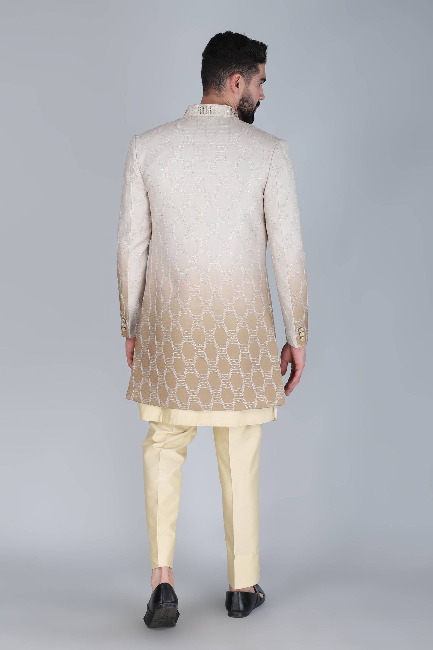 Pale Yellow Thread And Sequins Embroidered Indowestern Set