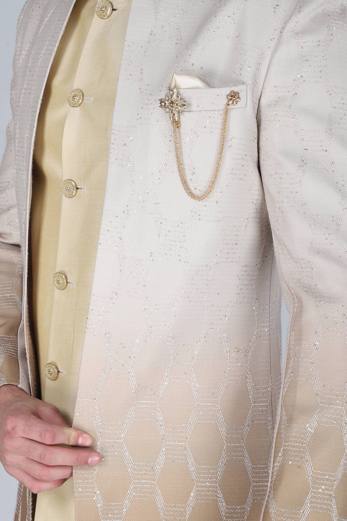 Pale Yellow Thread And Sequins Embroidered Indowestern Set