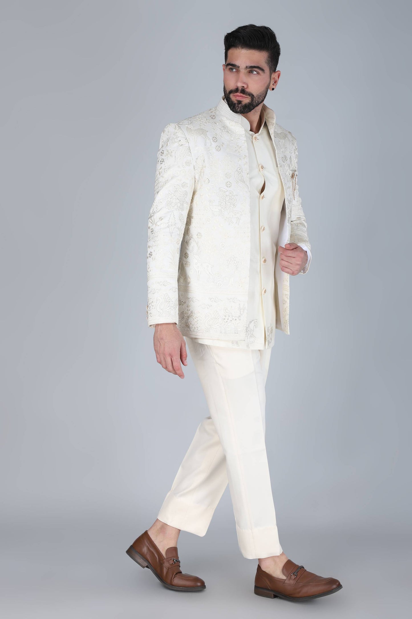 Ivory Thread And Sequins Embroidered Short Indowestern