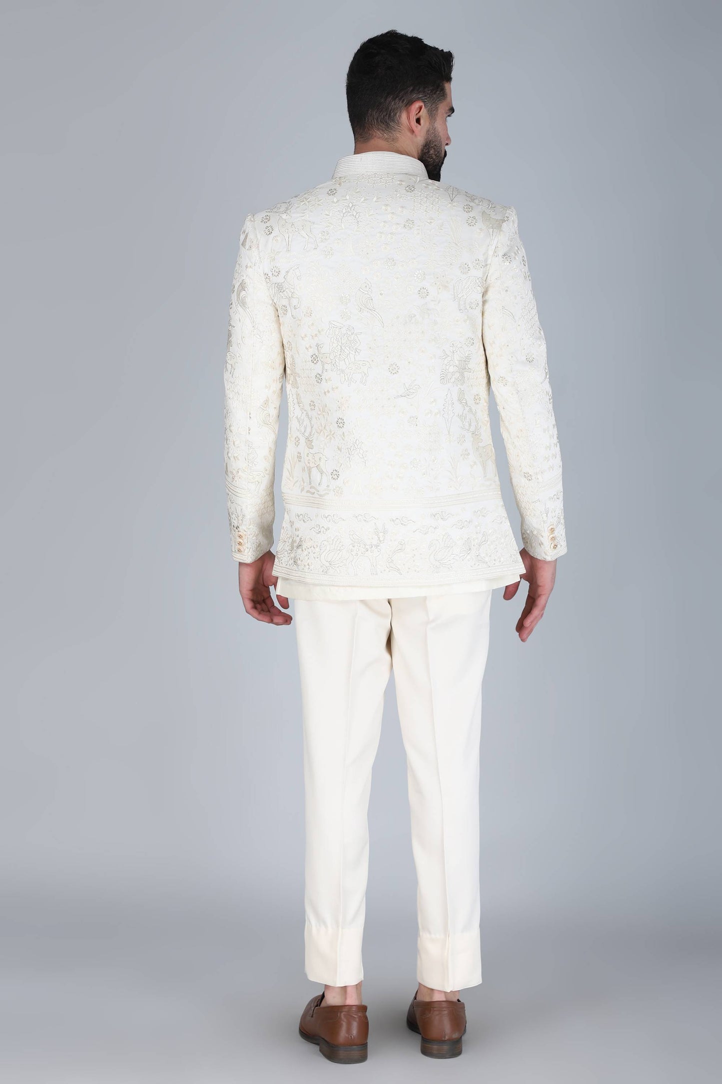 Ivory Thread And Sequins Embroidered Short Indowestern